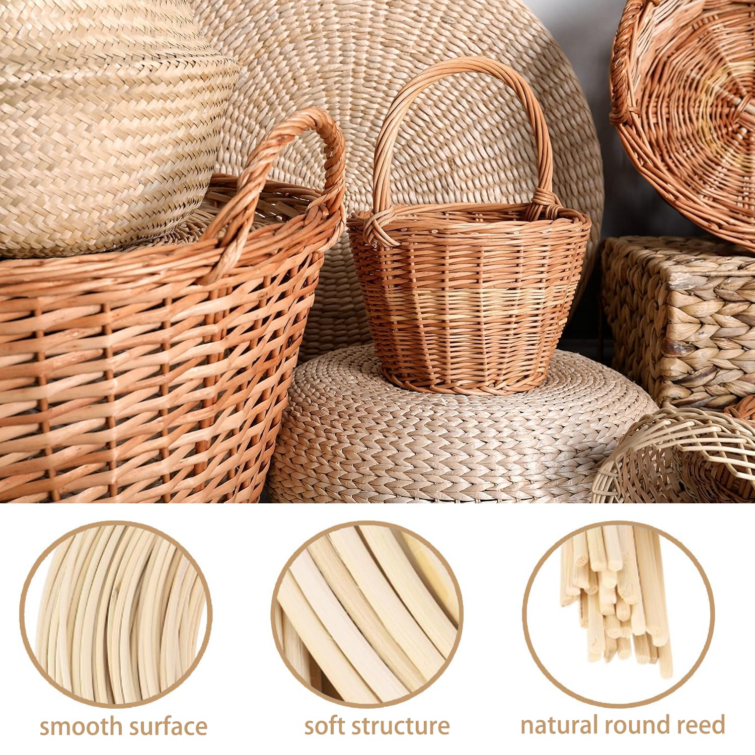 Ratan Rollo Mimbre Natural para Tejer Hogar - Rollo de 5.0mm, 500g, Mimbre Rollo Fácil de Usar en Proyectos de Bricolaje