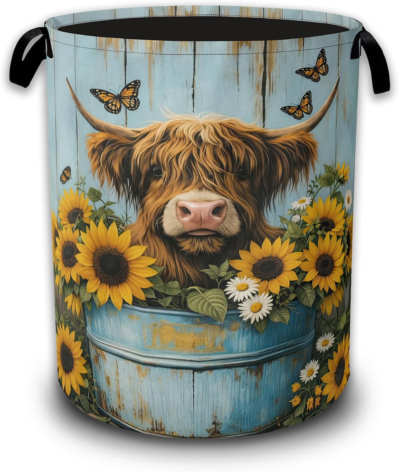 Highland Cow Laundry Hamper,Cow Sunflower Wood Laundry Baskets,Waterproof Oxford Cloth Toy Storage for Bedroom,Bathroom,Nursery,16x20.8 Inch