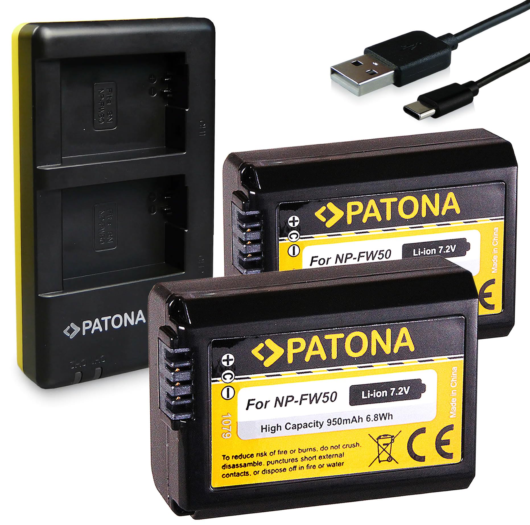PATONA Caricatore doppio + 2x NP-FW50 Batteria 950mAh – per Sony Alpha 5000 6000 6300 6400 6500, A7 A7S A7R A7 II, NEX-3–NEX-7, RX10 II–IV – kit base contro le batterie scariche | Compatibile: Sony RX1R III, DSC-RX1RM3, Sony DSC-RX10, DSC-RX10 Mark II, DS