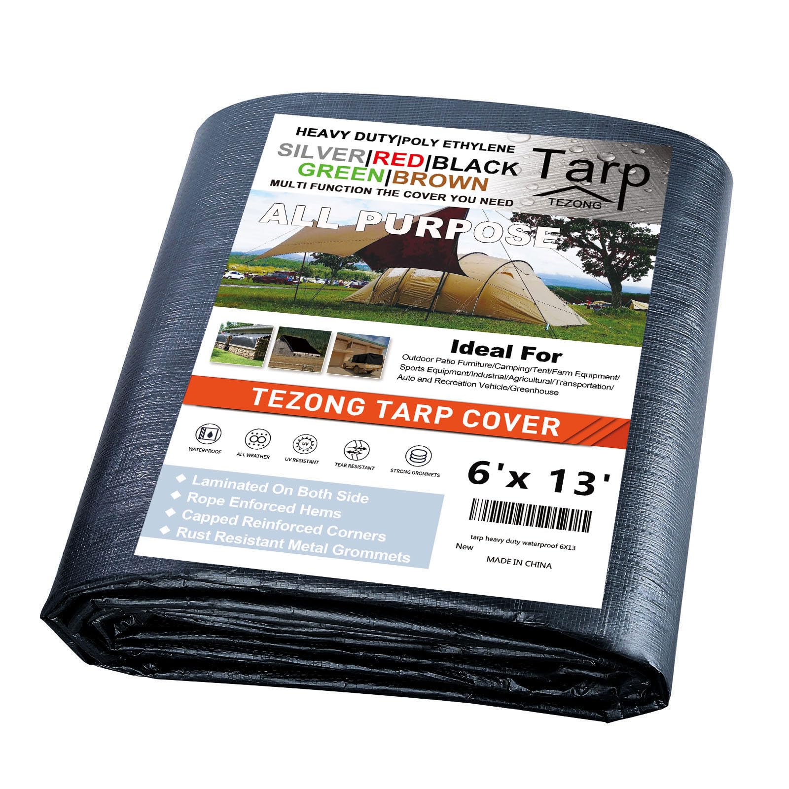 TEZONG Tarps Heavy Duty Waterproof 6X13ft,Black Large Tarp Cover