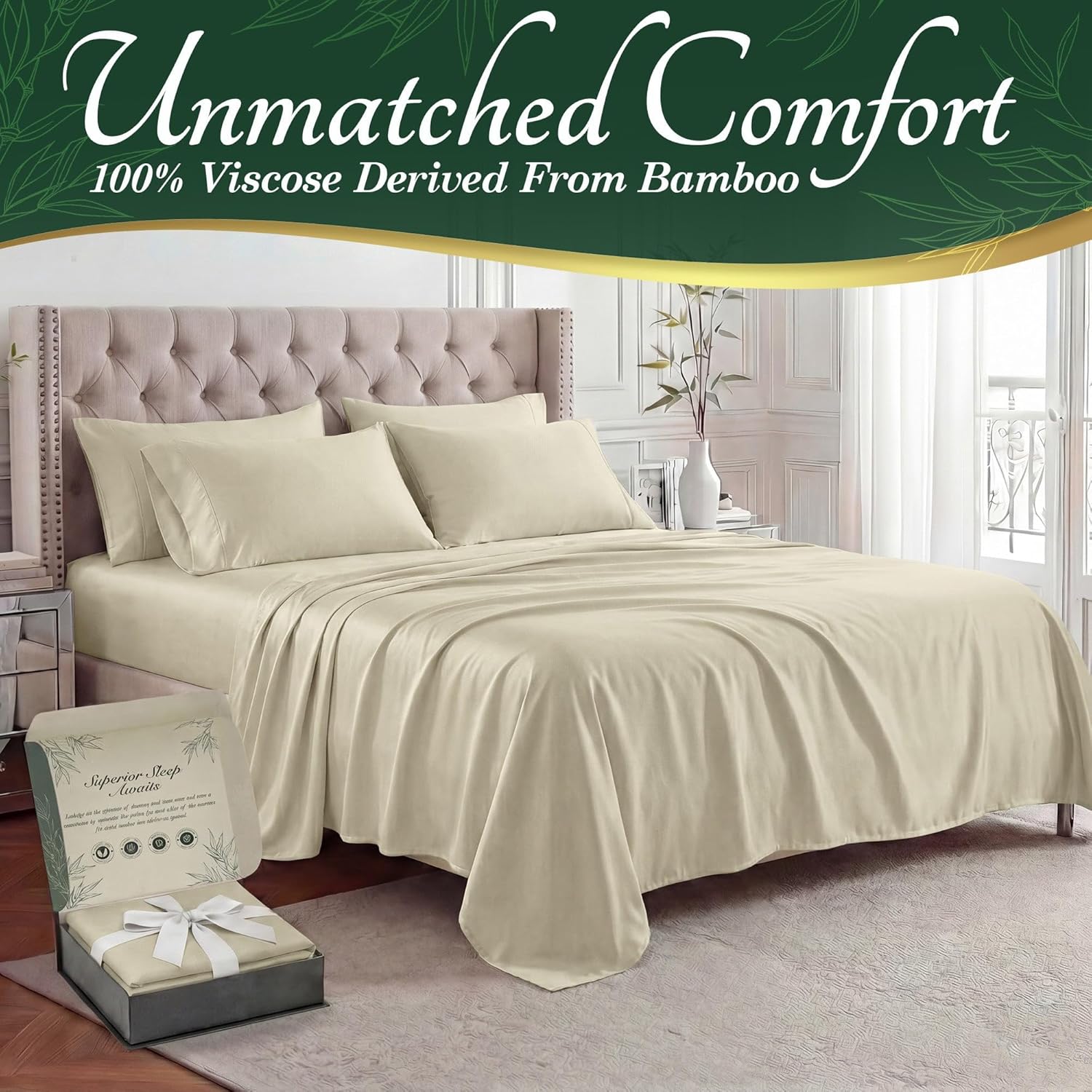 DECOLURE 100% Viscose Derived from Bamboo Sheets Queen Size - Luxury 6 Pc Naturally Cooling Sheets, Ultra Soft Bed Set - Deep 17" Pockets, Durable Double Stitching, Oeko Tex Standard (Creme)