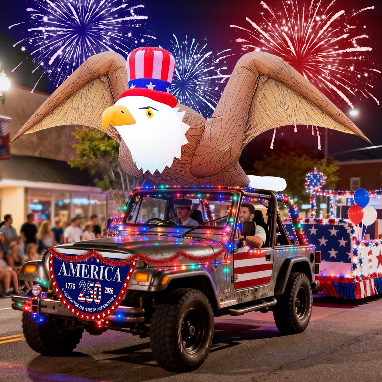 Photo 1 of UniqSeason 10.5Ft Long 4th of July Inflatable Flying Bald Eagle, Blow Up Eagle on The Car with Led Lights - for Patriotic Parade, Memorial Day and Independence Day Decoration