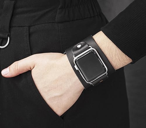 Miniatura 2 de wide Leather cuff band compatible with Apple watch 38mm 40mm 41mm 42mm 44mm 45mm 46mm 49mm, Handmade UA 1105