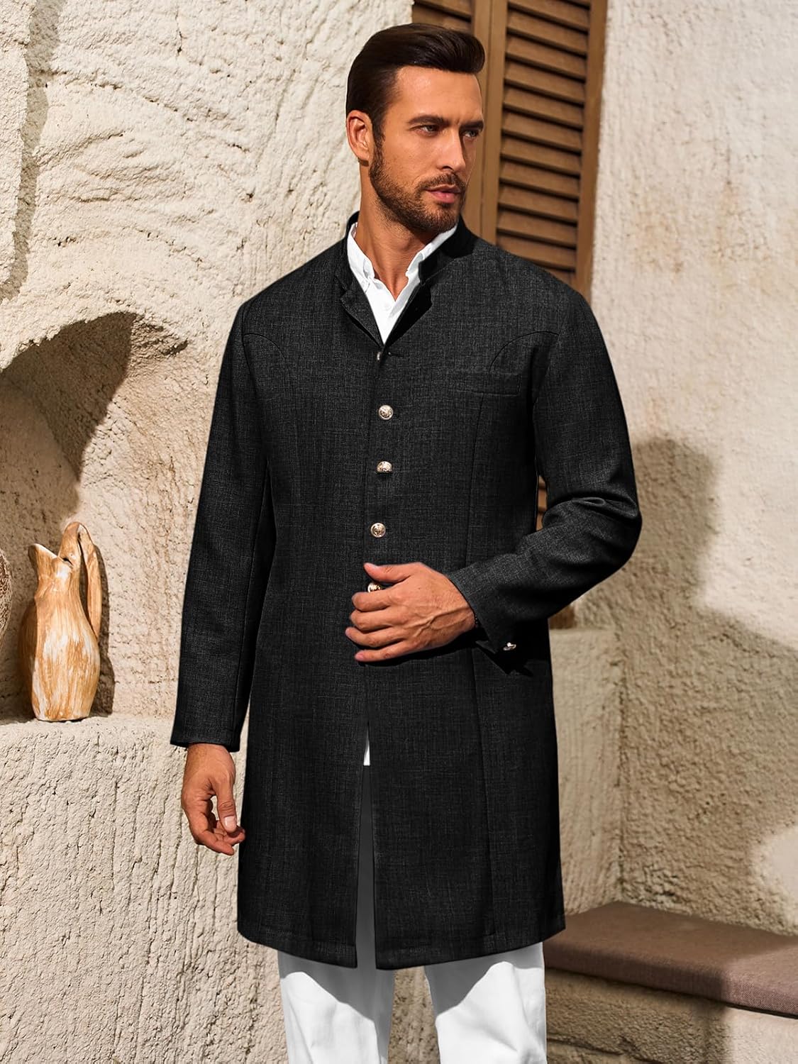 Runcati Mens Kurta Coats Indian Mandarin Collar Attire Ethnic Outfits Wedding Festive Party Clothing Casual Kaftan Robe - Image 2