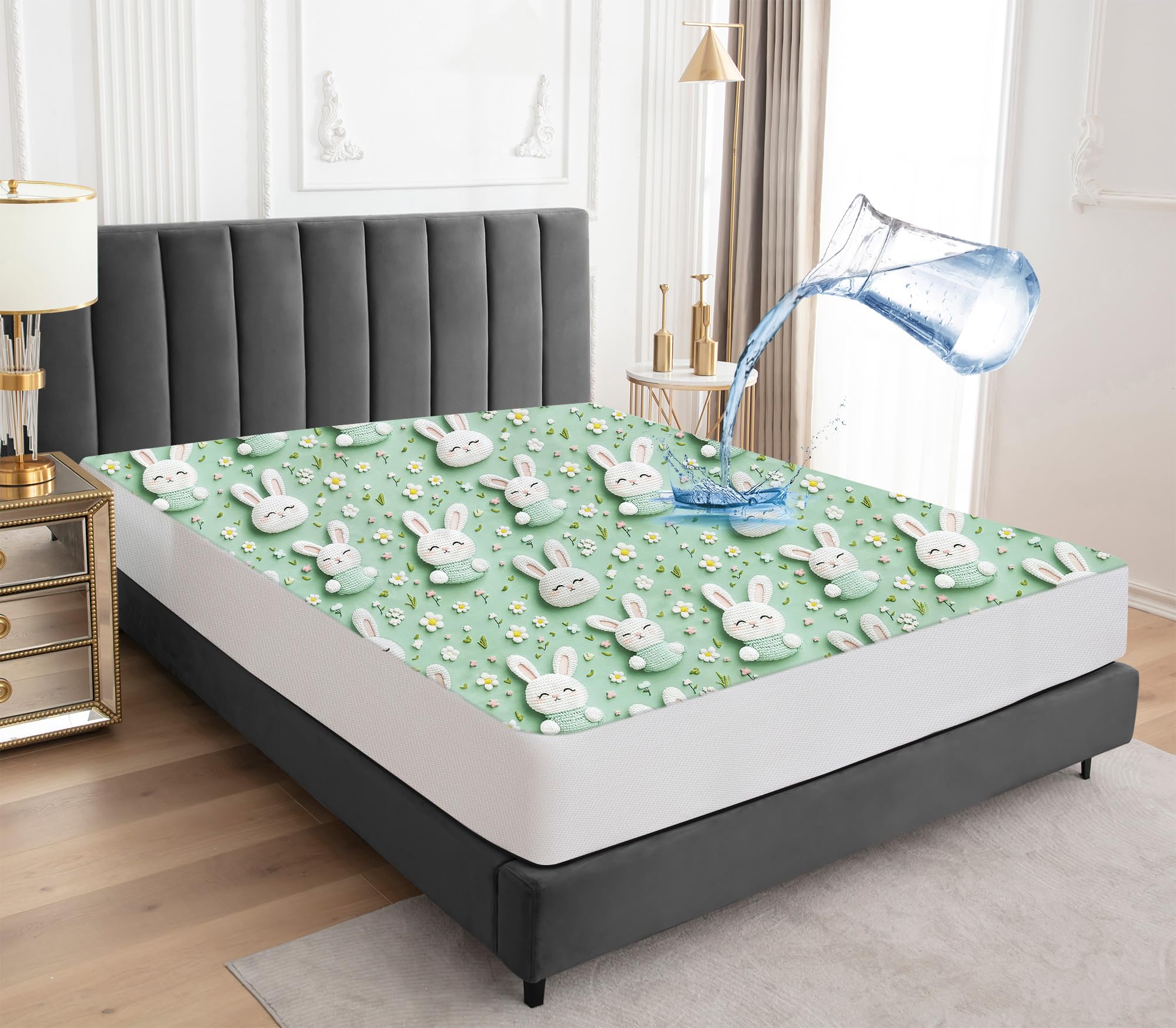 Wasserdichter Matratzenschoner 120x200cm Spannbettlaken, Atmungsaktive Matratzenbezug Wasserundurchlässiger Matratzen-Schutz Nässeschutz Spannbetttücher - Kaninchen