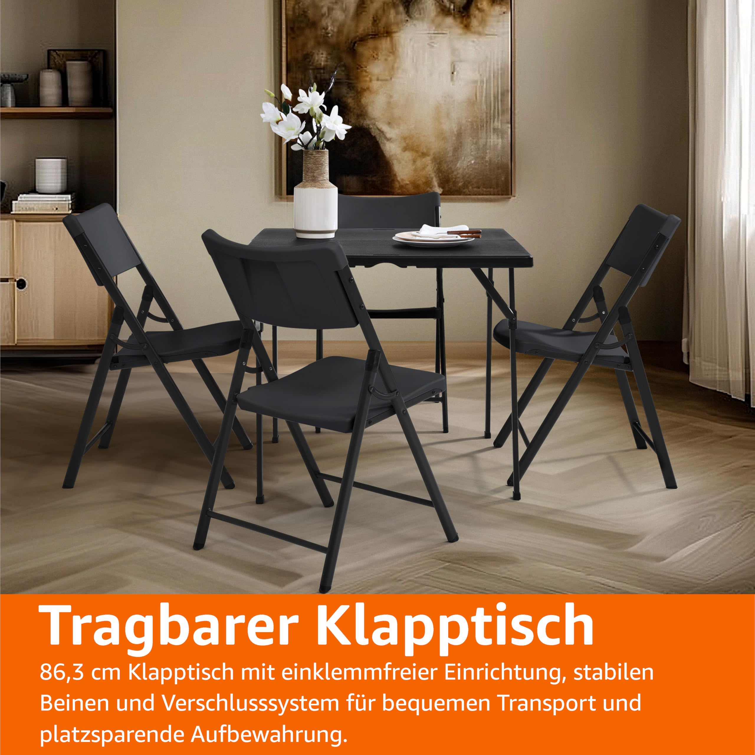 Amazon Basics Klapptisch, quadratisch, mit Tragegriff, für drinnen und draußen, tragbar, leicht, Reisetisch, Picknick, Camping, Schwarz, 86,1 x 86,1 x 73,9 cm