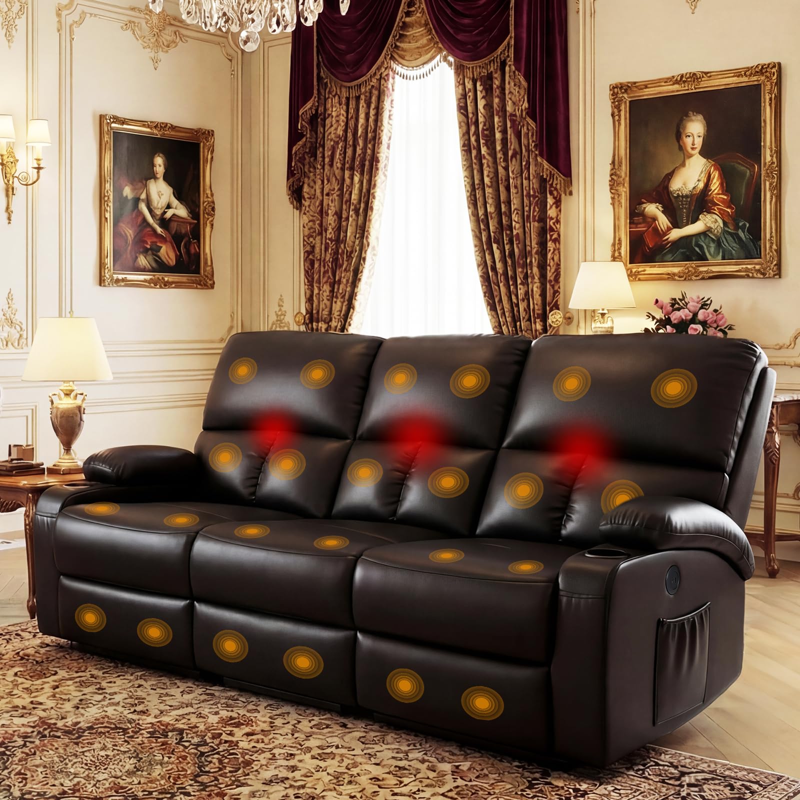 CHABATREE Home Theater Seating,RV Recliner Sofa with Massage and Heat,Manual RV Recliner Loveseat with USB/Cup Holders and Side Pocket for Living Room,3 Seater Brown