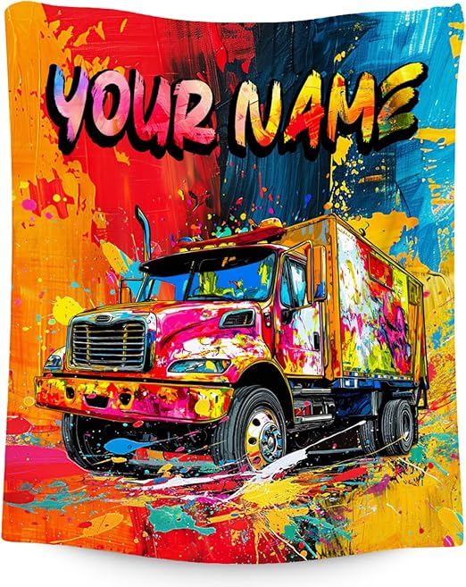 Kids Blanket Truck Blankets for Boys Toddler Custom Gifts with Name - Soft Flannel Throw for Couch, Bed - 4 Sizes
