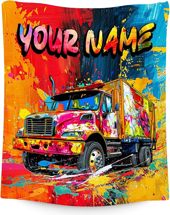 Kids Blanket Truck Blankets for Boys Toddler Custom Gifts with Name - Soft Flannel Throw for Couch, Bed - 4 Sizes