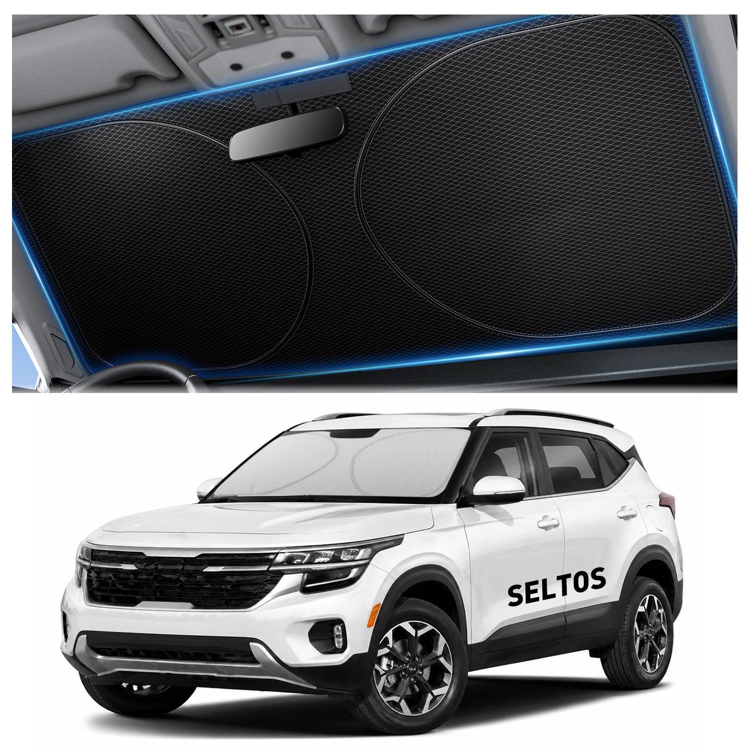 Zanch Windshield Sunshade for Kia Seltos 2021-2025, Heat Insulating & UV Blocking Sun Shield, Foldable Custom Fit Sun Shade for Seltos, Car Interior Protecting and Cooling Accessories
