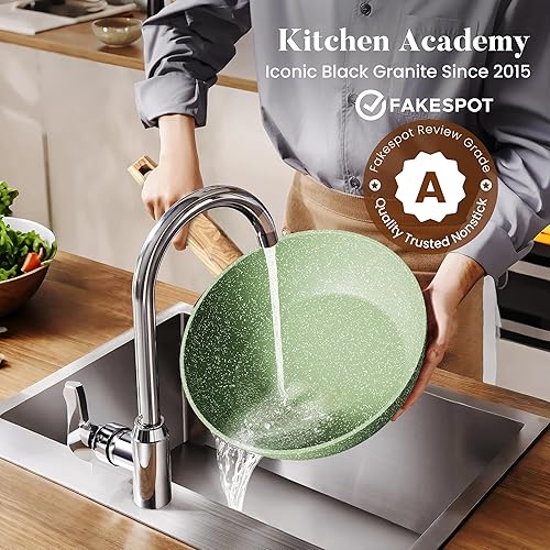 Miniatura 4 de Kitchen Academy Juego de utensilios de cocina de inducción de 17 piezas con plancha, ollas y sartenes de granito verde antiadherentes, juego de