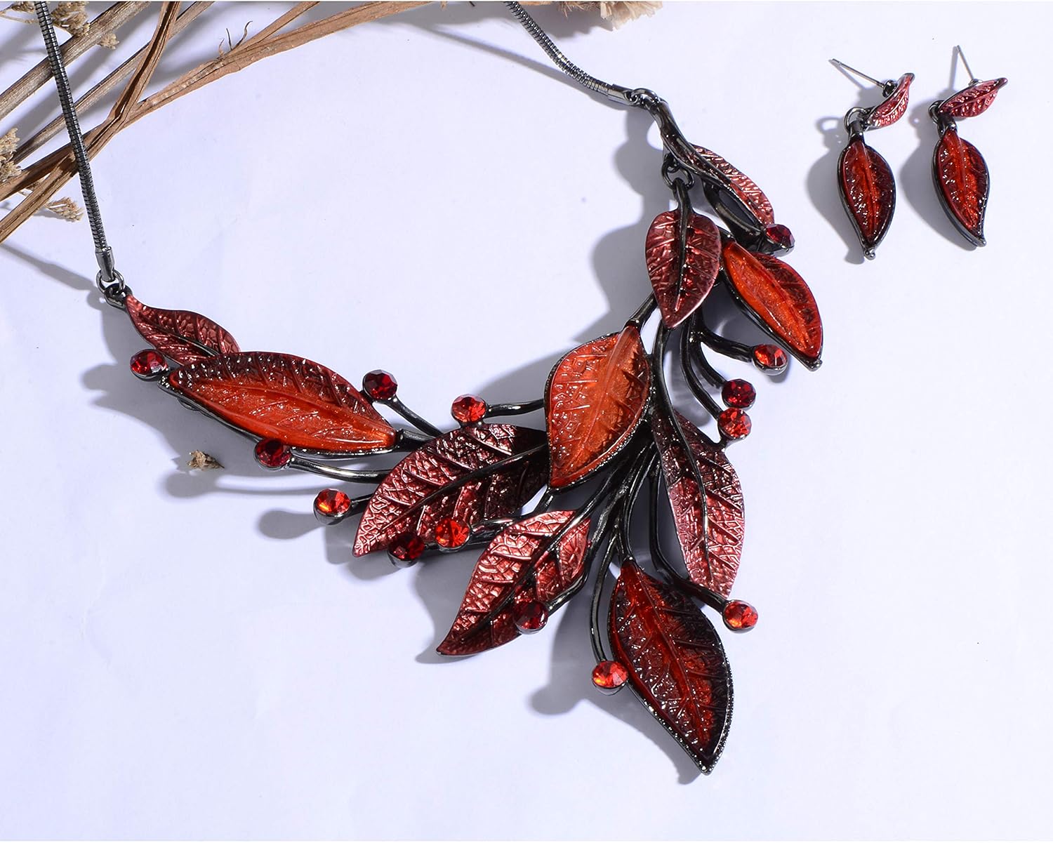 AMYJANE Vintage Statement Jewelry Set - Spring Leaf Flower Floral Plant Necklace Earring Set Crystal Rhinestone Fashion Costume Jewelry for Women Prom Party Unique Gift - Image 3