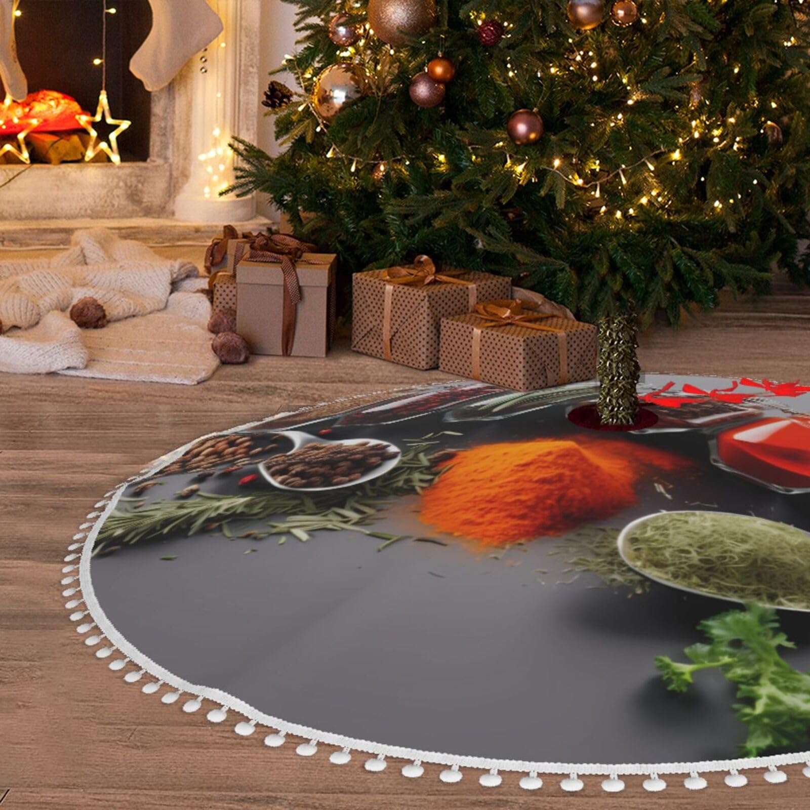 Tapis de décoration de sapin de Noël rustique 122 cm imperméable à pompons