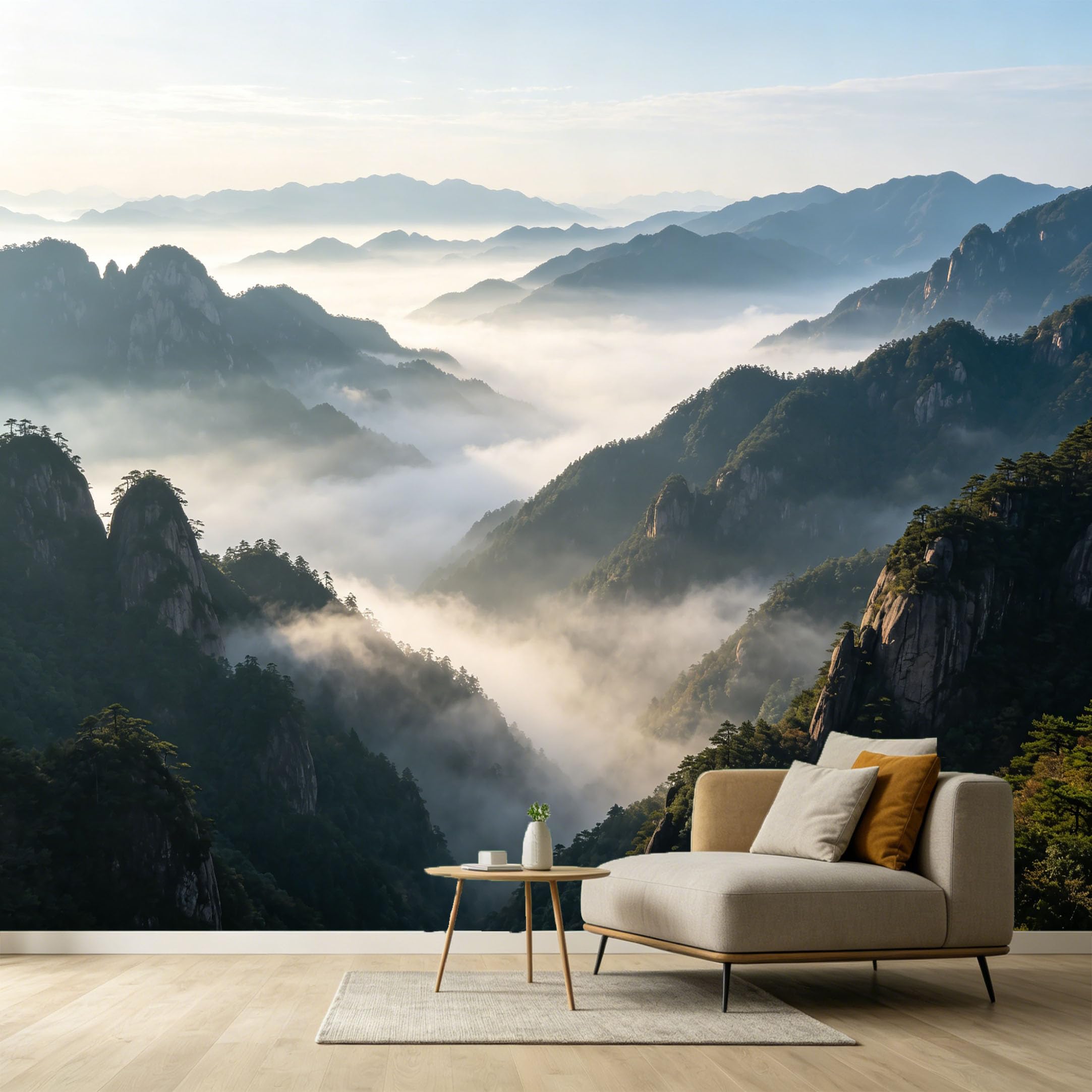Custom Size Wall Murals Misty Mountain Landscape Peak Valley Sunlight SelfAdhesive Wall Fabric Removable Large Wallpaper for Photo Living Room Interior Wall Decor Art Backdrop