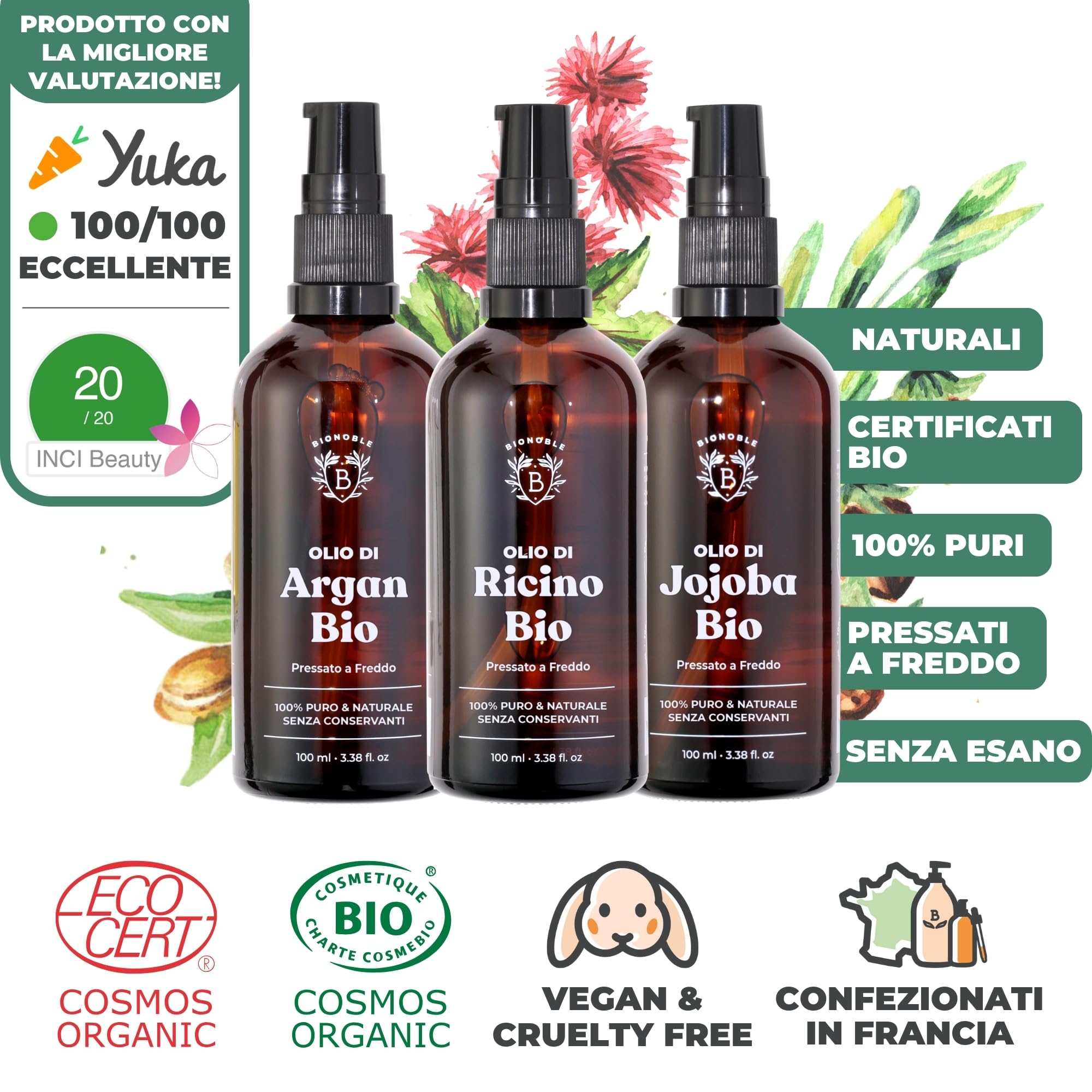 BIONOBLE Confezione Regalo Donna Bio - Olio Ricino, Argan, Jojoba - 3x100ml | 100% Naturale e Bio - Kit Bellezza Viso, Corpo, Capelli - Skin Care Donna - Cofanetto Regalo Donna Beauty - Bottiglie Vetro