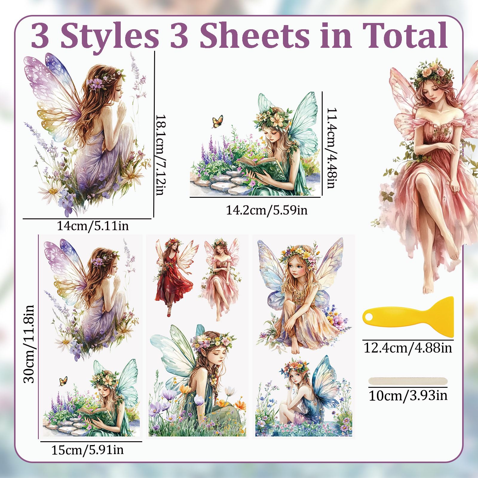 WANDIC 3 Sheets Fairy Theme Scrapbook Stickers Elf Furniture Stickers Sprite Art Window Decals Rub on Transfers for Crafts,15 * 30cm - Image 2