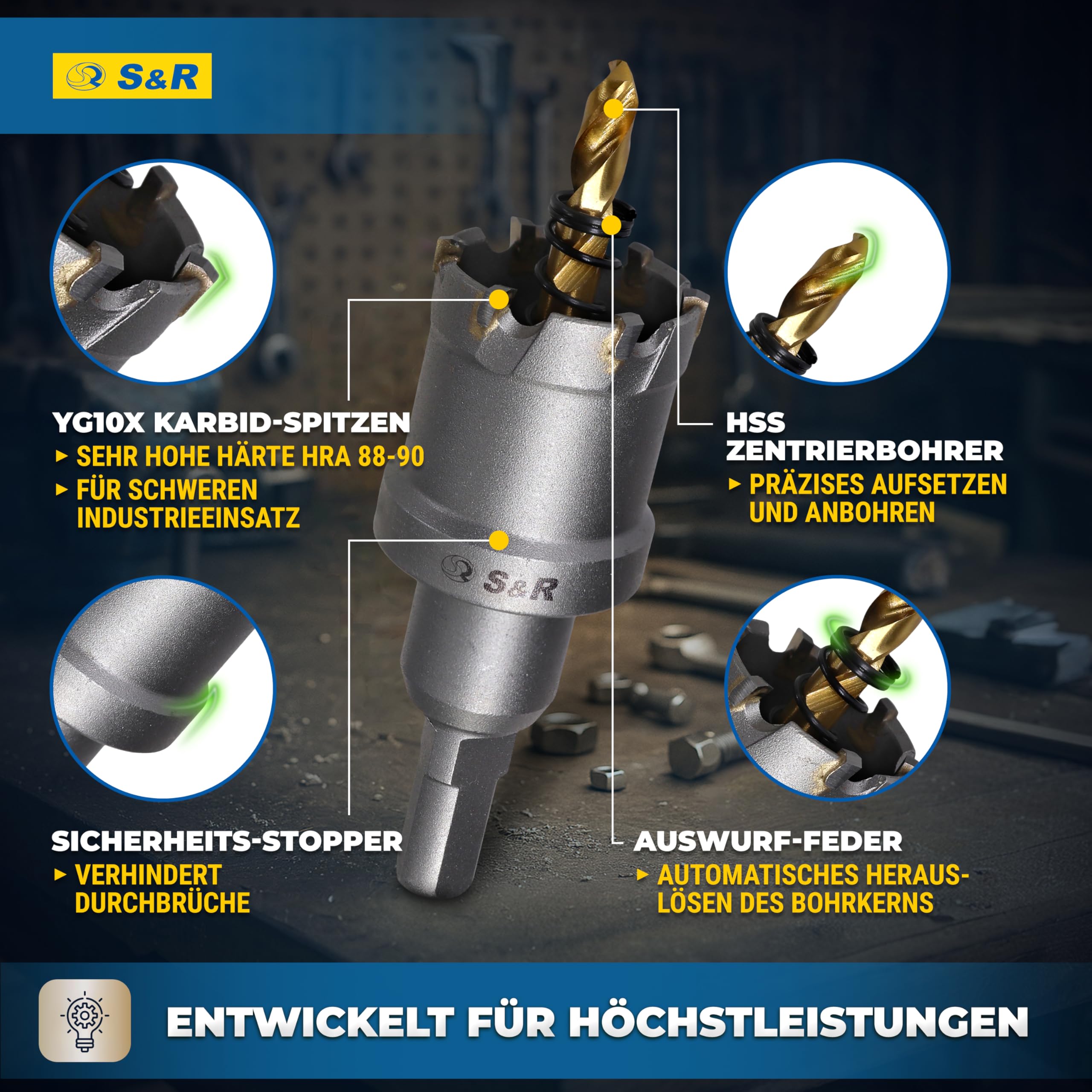 S&R Premium TCT 5-częściowy zestaw otwornic 16-30 mm, wiertło do metalu, stal nierdzewna, twarde stopy, węglik wolframu, zestaw wierteł pilotowych z powłoką tytanową, frezy do metalu