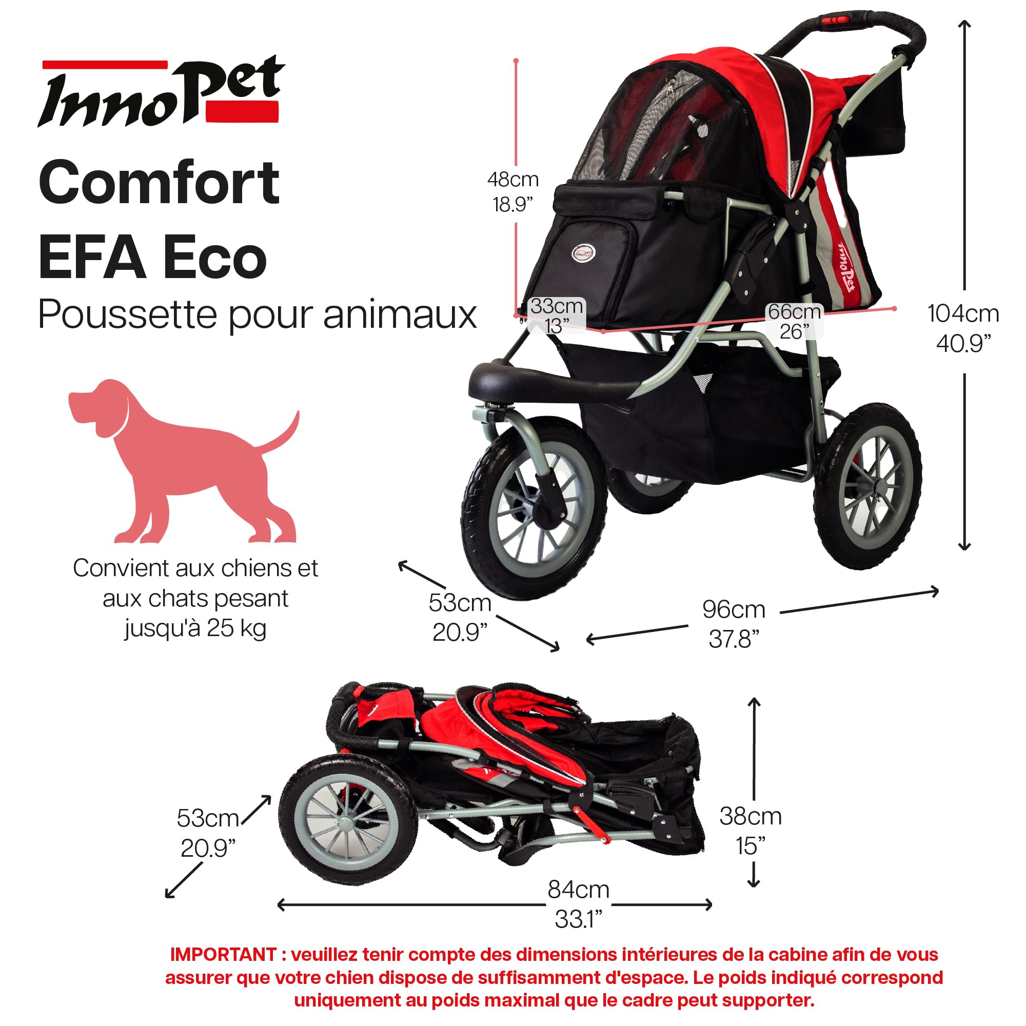 Innopet Comfort Efa Eco Rouge/Noir - Poussette pour chiens et chats pliable d'une seule main, capacité de 25 kg, roues anti-crevaison, panier de rangement et conception à 3 roues facile à installer.