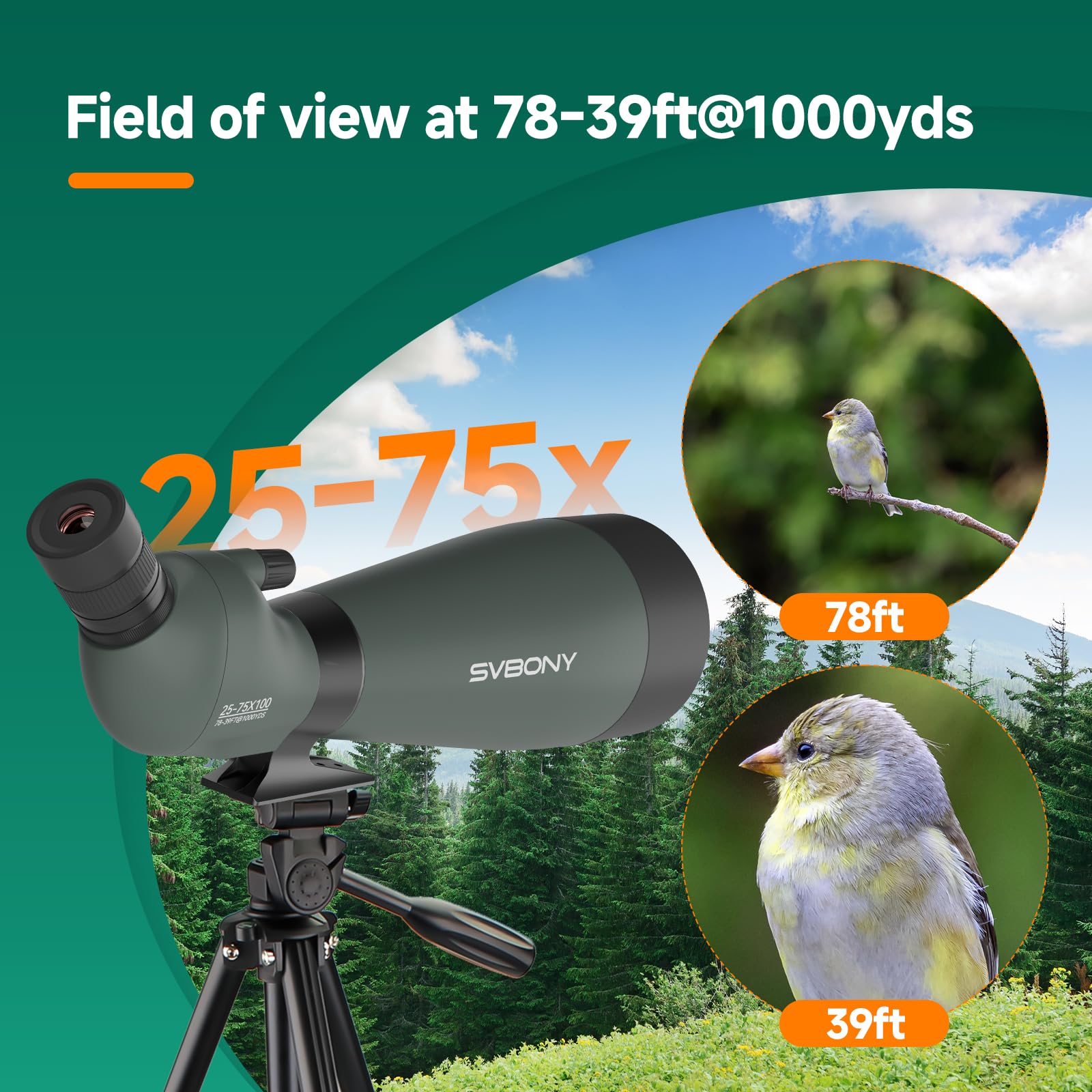 Svbony SV28 25-75x100mm longue-vue avec trépied, grand champ de vision, images claires et claires, HD Bak4 FMC Spotter Scope avec adaptateur smartphone, pour tir sur cible, observation des oiseaux