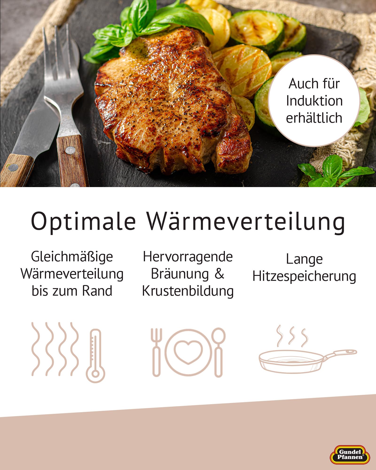 Original Gundel GUSS-BRATPFANNE flach, Ø 28 cm, Höhe 4,5 cm, BIOTAN-Oberfläche, PFOA-frei, Akku-Therm Boden - fester Stiel