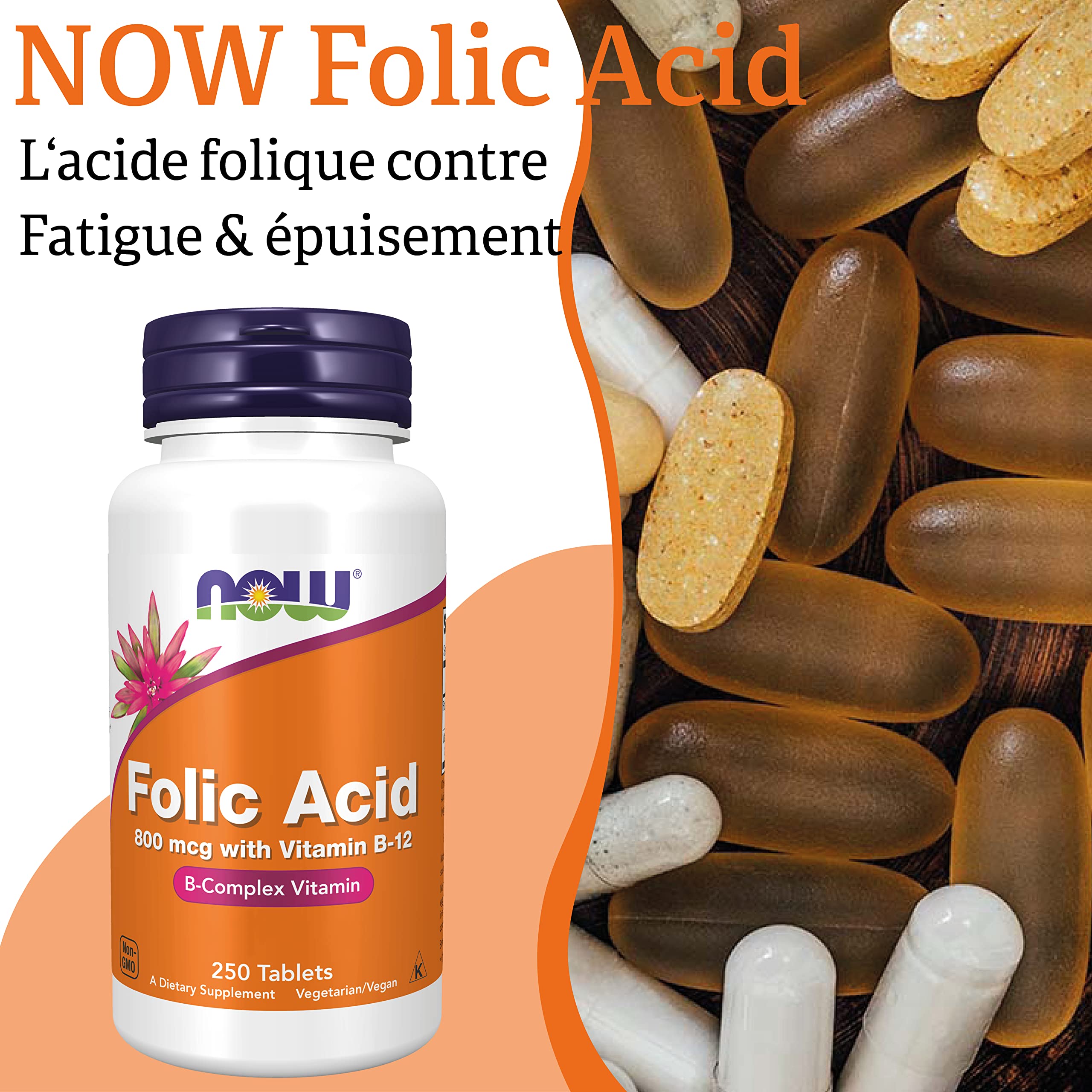 Now Foods, Folic Acid (Acide Folique), 800mcg, 250 Comprimés végétaliens, Testé en Laboratoire, Haute Dose, Vitamine B12, Sans Gluten, Sans Soja, Végétarien