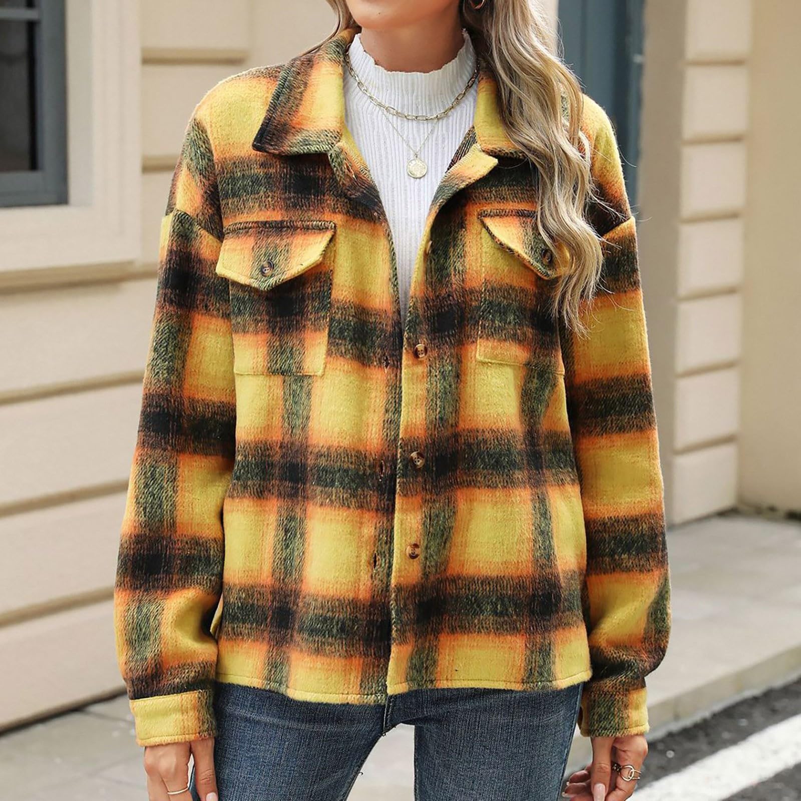 Übergangsjacke Damen Kurzmantel Outdoor Jacken Für Damen Karierter Druck Mantel Elegant Sportliche Damenjacken Softshell Mantel Strickjacke Blazer Elegant Trachtenjacke Winddicht Leichte Jack