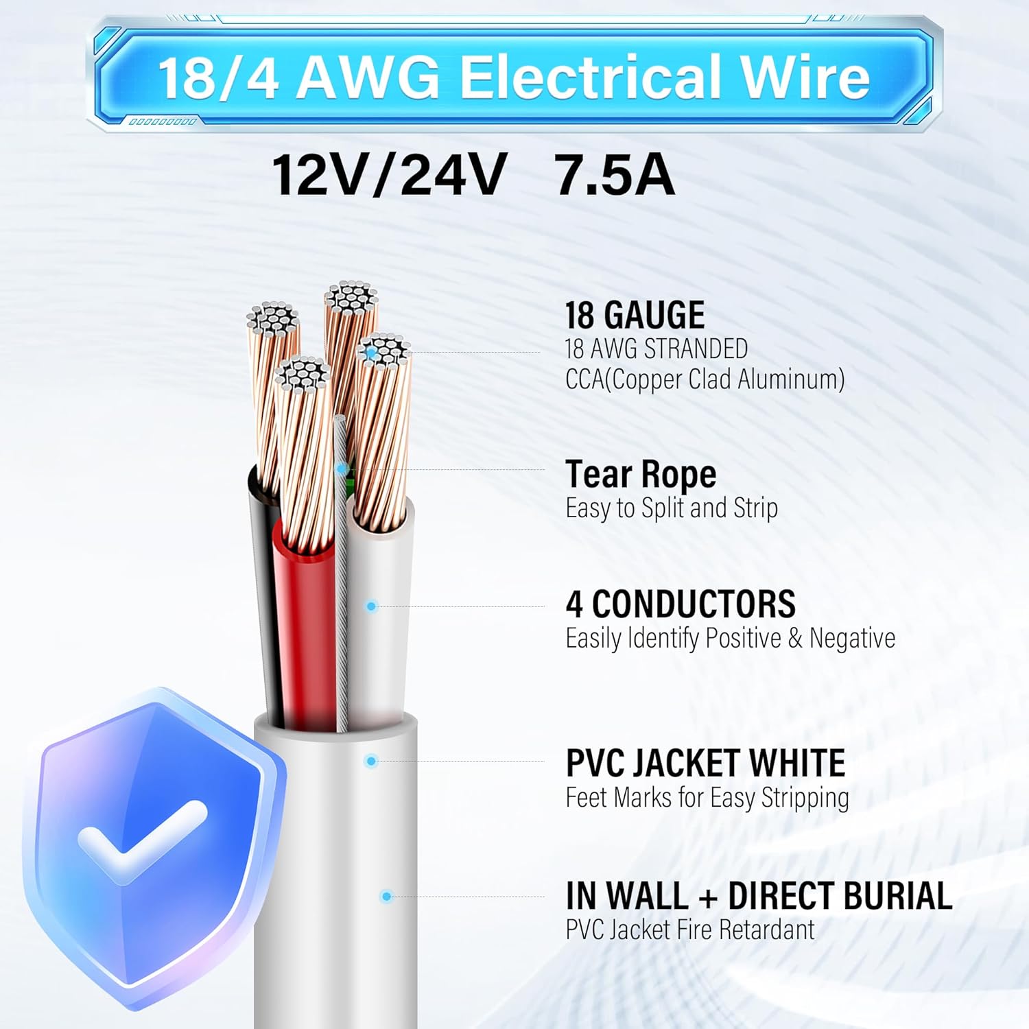 HiFind 18 Gauge 4 Conductor Low Voltage Wire 500 Ft, UV Resistant 18 AWG CL2 4 Colors Hook up DC Alarm Bell Wire, Flexible, Outdoor, Pull Box for LED, Security Systems, Speaker, Automotive, RGB Cable