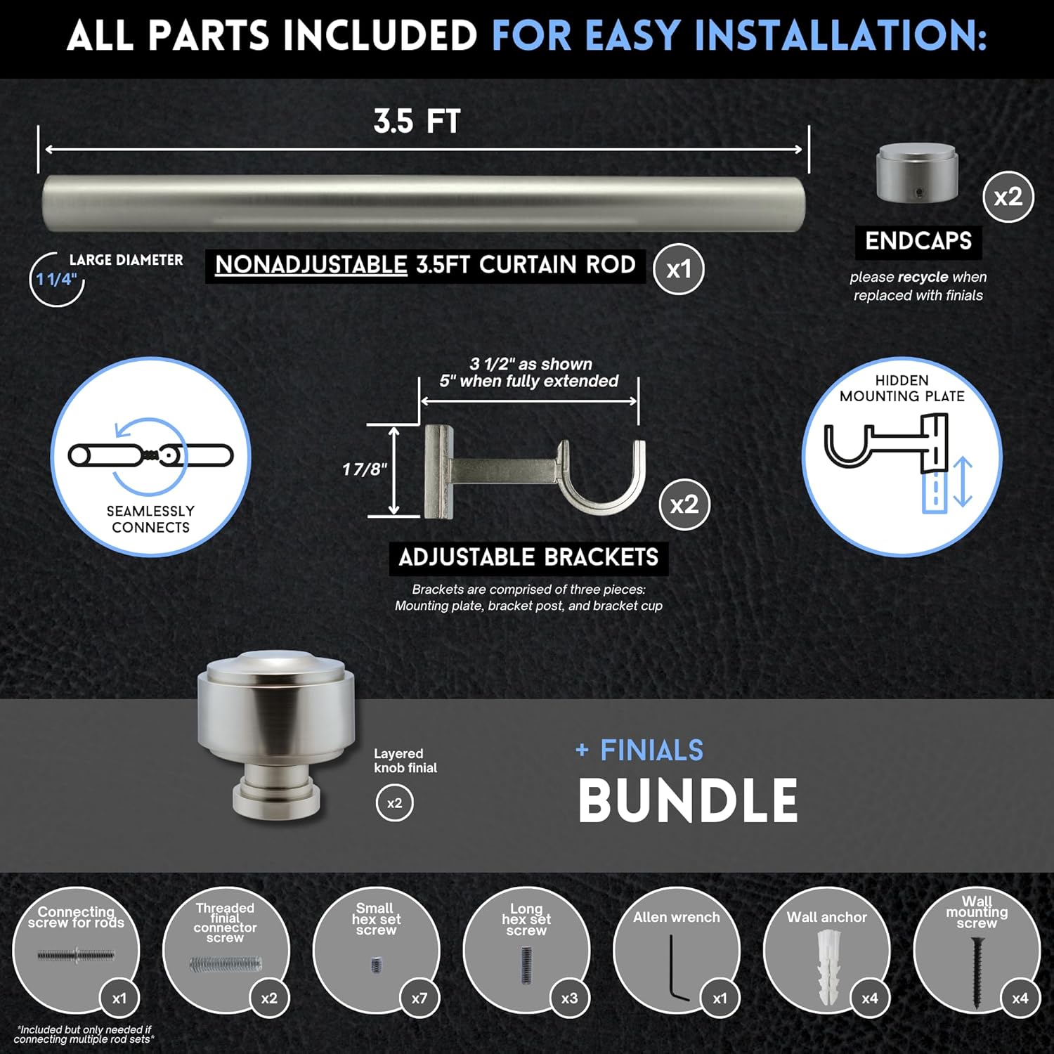 BlastHome 3.5 foot Custom Curtain Rod & Layered Knob Finials Bundle – Luxury Nonadjustable 1 ¼” Large Diameter with Designer Finials & Premium Quality Mounting Brackets – Brushed Nickel Finish