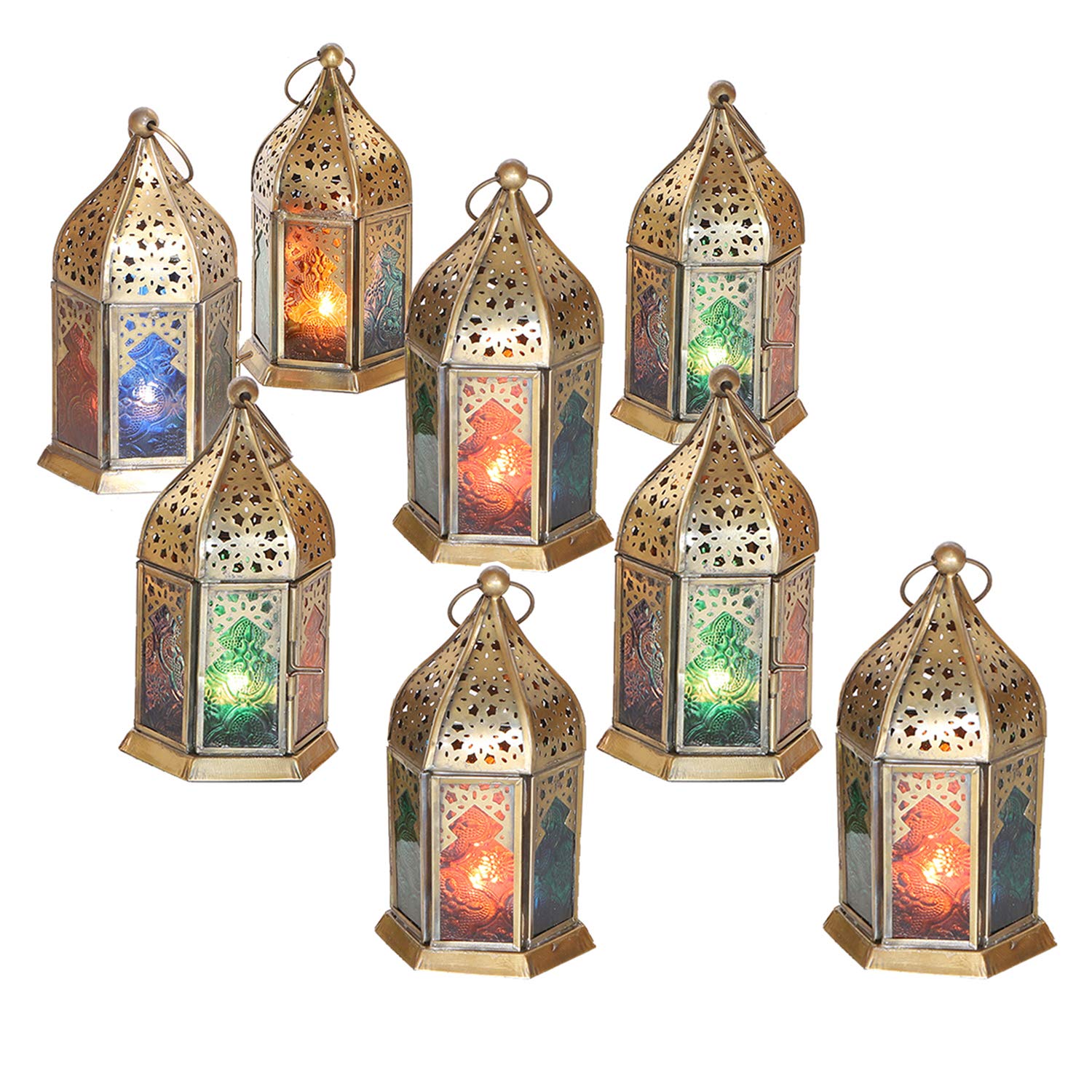 Casa Moro WDL1042 - Lanterne in Vetro Marocchino Effetto Ottone Anticato per Interni ed Esterni, Set da 8 Pezzi in Metallo e Vetro colorato in Rilievo, Altezza 16 cm