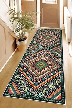 Pelangi Kilim Desenli Dijital Baskı Yıkanabilir Kaymaz Taban Etnik Salon Halısı ve Yolluk, Yeşil 40 x 40, 955417040407