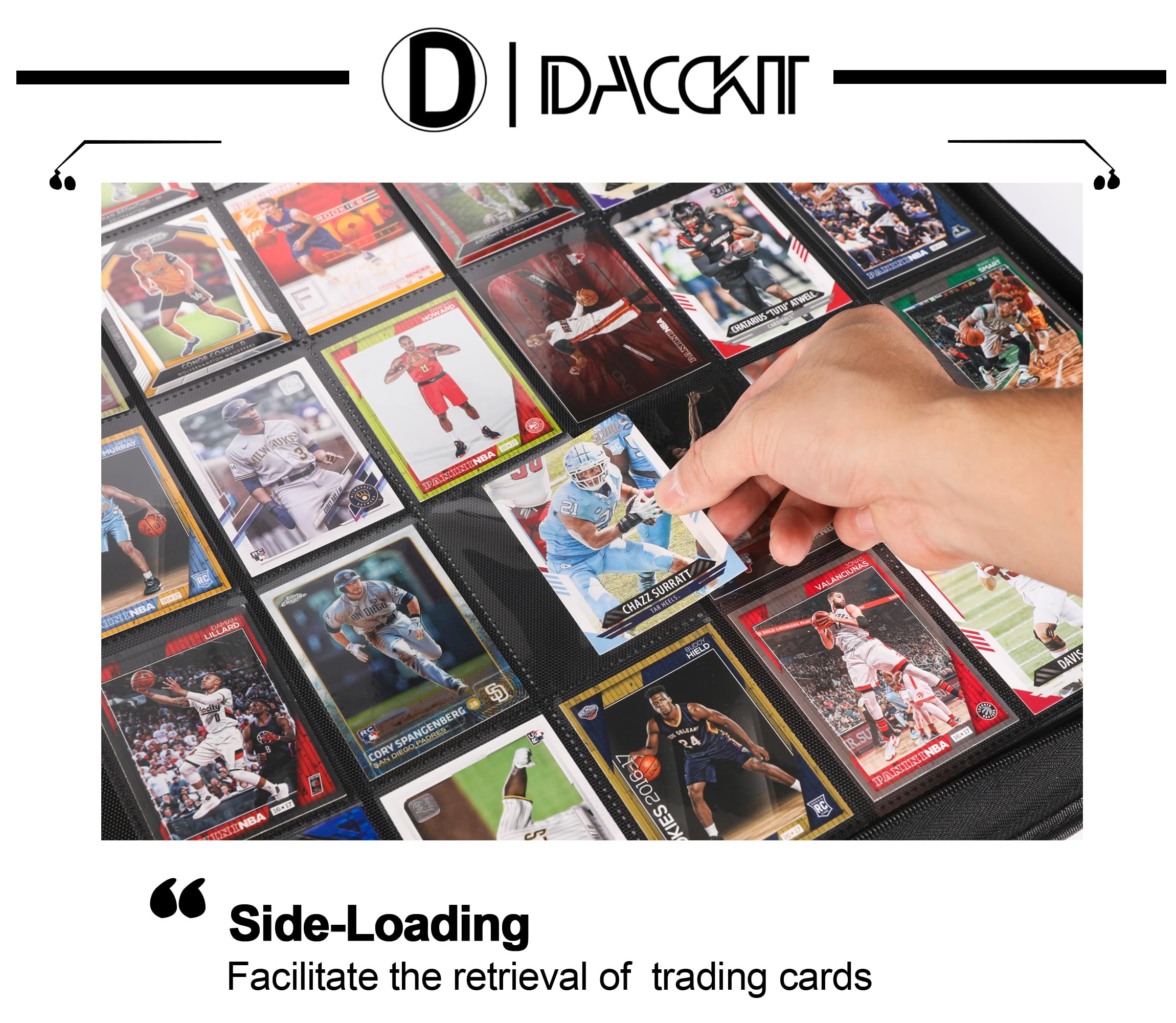 D DACCKIT Raccoglitore per carte da collezione con 3600 tasche, di alta qualità, grande, 36 fori, senza anelli, con apertura laterale UltraSonic-363600 Tech con cerniera, per TCG (nero classico)