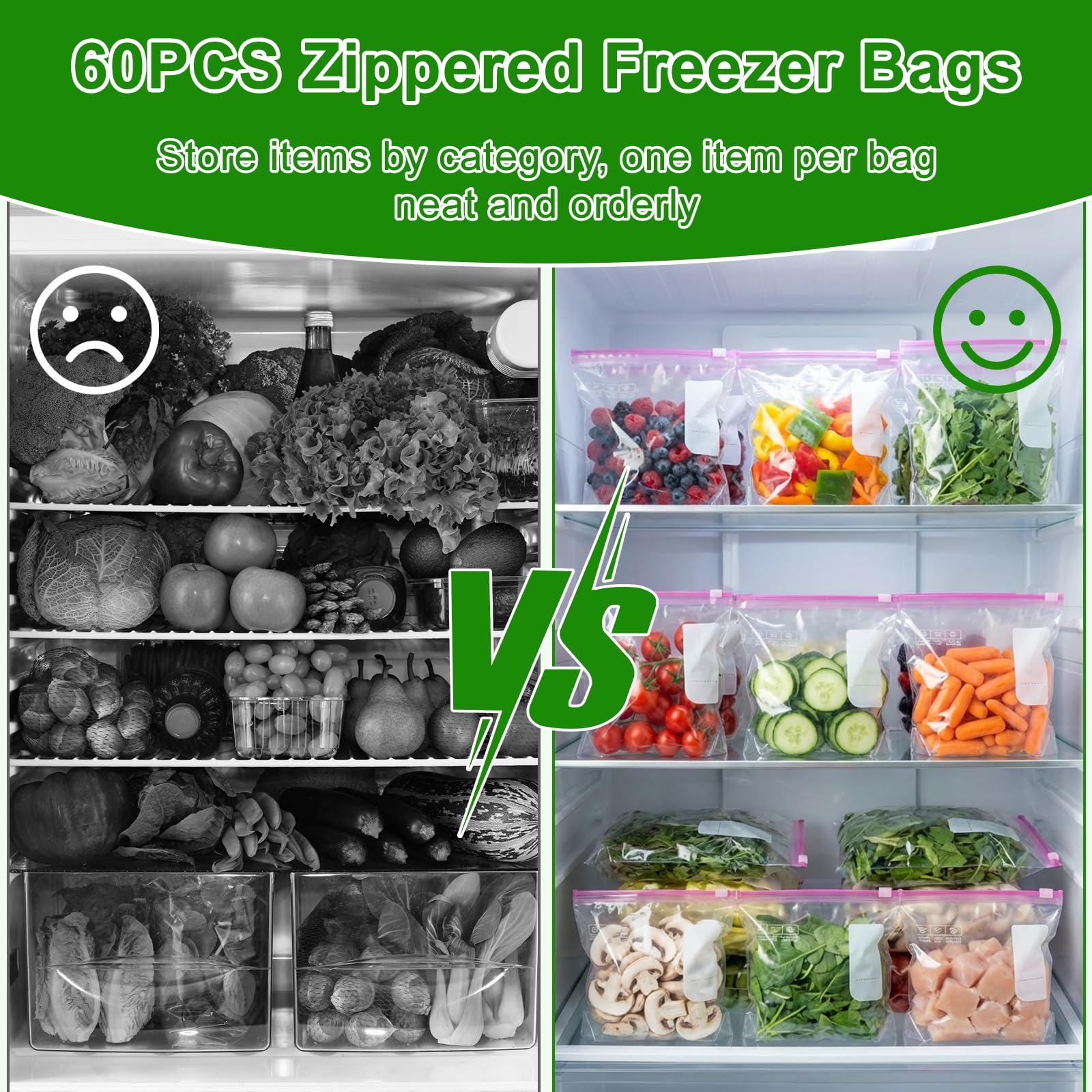 60 Piezas Bolsas Congelacion, 20,2 x 18 cm Bolsas Zip para Congelar, Alimentos Herméticas Reutilizables con Parte Inferior Expandible, Ziplock Bag Para Carne, Frutas y Verduras - 3