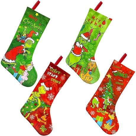 Grinch Stockings 4-Pack: Whoville Merry Christmas Decorations