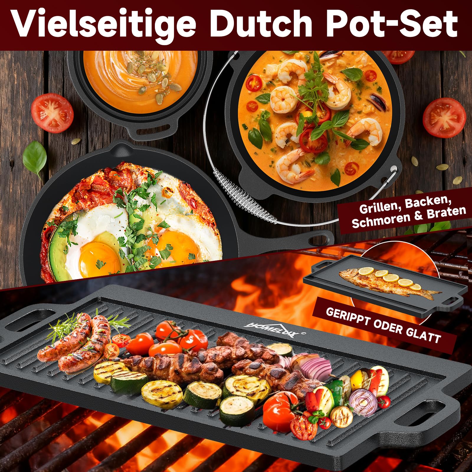 HOMELUX Dutch Oven Set 10-teilig | Gusseisen Camping Kochgeschirr Set mit Grillplatte, Feuertopf, Pfanne, Deckelheber, Untersetzer & Zubehör | Geeignet für Outdoor Grill & Hausküche