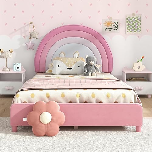 Miniatura 30 de HONEY JOY Marco de cama individual para niños, plataforma de cama individual de madera con cabecera y base de listones, no necesita somier, muebles