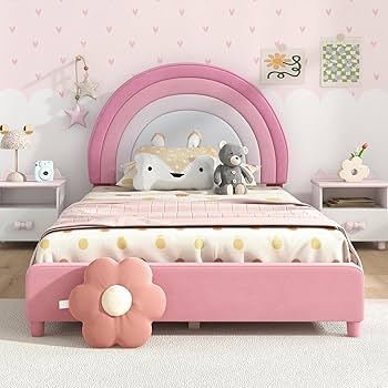 HONEY JOY Twin Bed Frames For Kids, Toddler Wooden Twin Bed Platform W/Headboard & Slat Base, No Box Spring Needed, Children Bedroom Furniture For Boys Girls, Fits Standard Twin Mattress, Strawberry