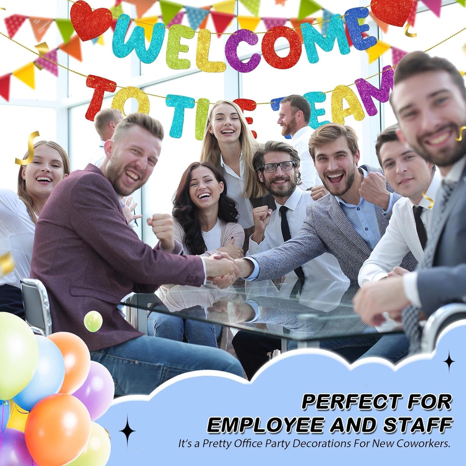 Pre Strung Welcome to The Team Banner with Two Heart Signs, NO DIY, Glitter Welcome Party Supplies for New Employee, Coworker, Colleague, Staff, Team Member Office Decorations (Colorful) — view 7