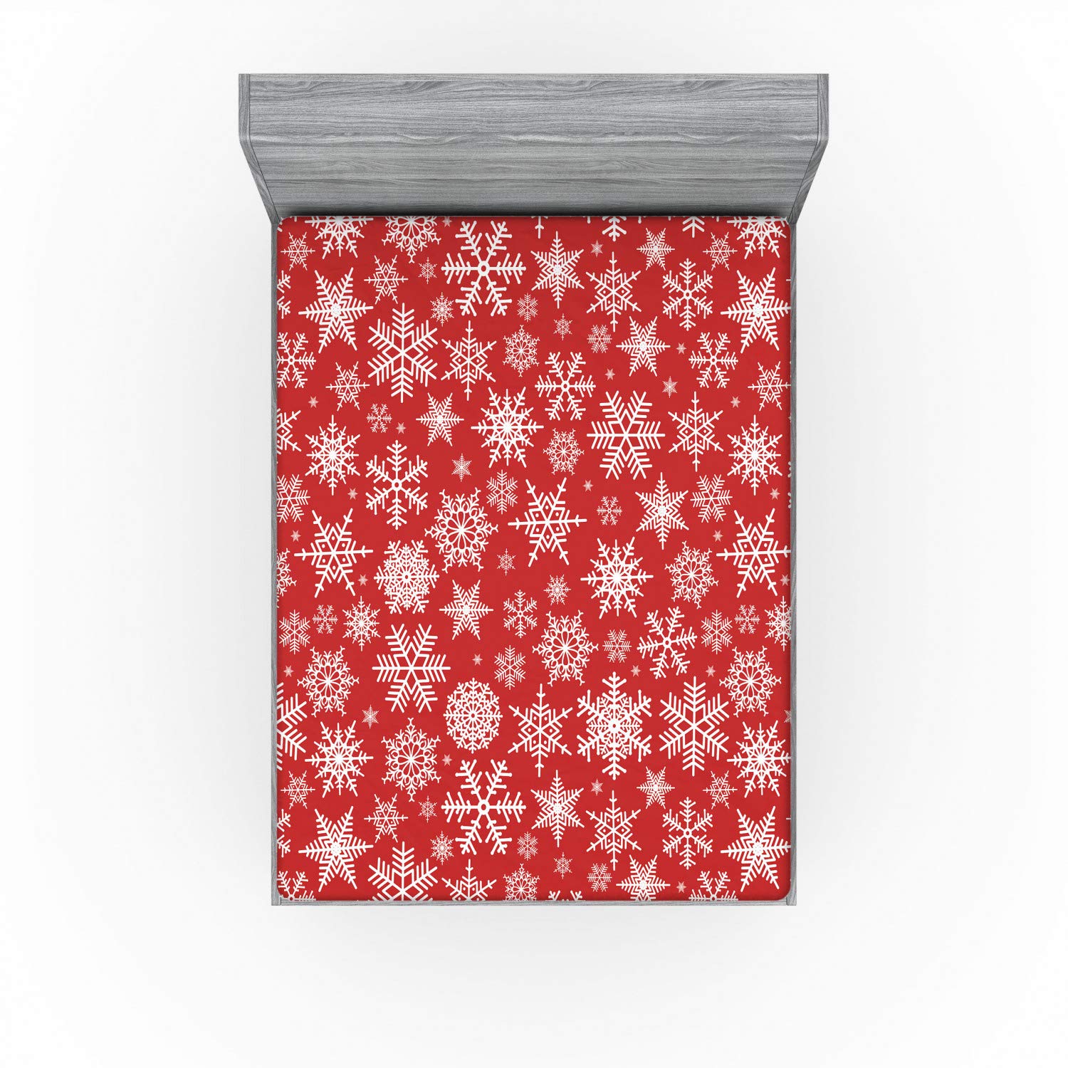 Ambesonne Holiday Fitted Sheet, Various Different Snowflakes with Rich Details Christmas Season in Wintertime, Bed Cover with All-Round Elastic Pocket for Comfort, California King, Red White