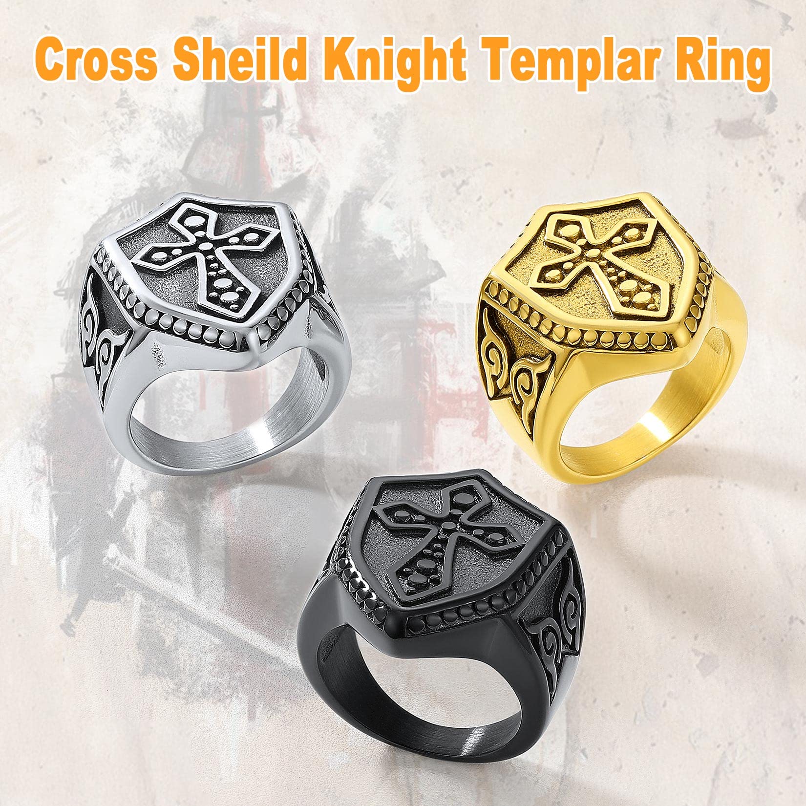 U7 Anello Templare Scudo da Uomo in Acciaio Inossidabile Placcato Oro/Nero Anello Cavaliere Scudo Talgia 14,5-32,5 Anello Templare da Uomo Regalo per padre papà