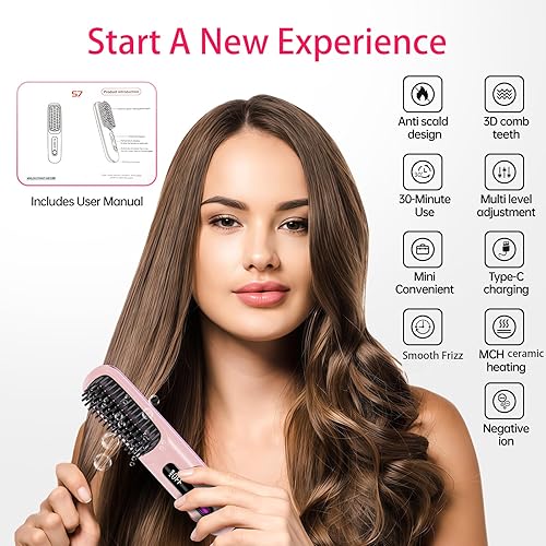 Miniatura 8 de Cepillo alisador de pelo inalámbrico para viajes, 200 millones de iones negativos, peine alisador de cabello portátil para mujeres con pantalla LED