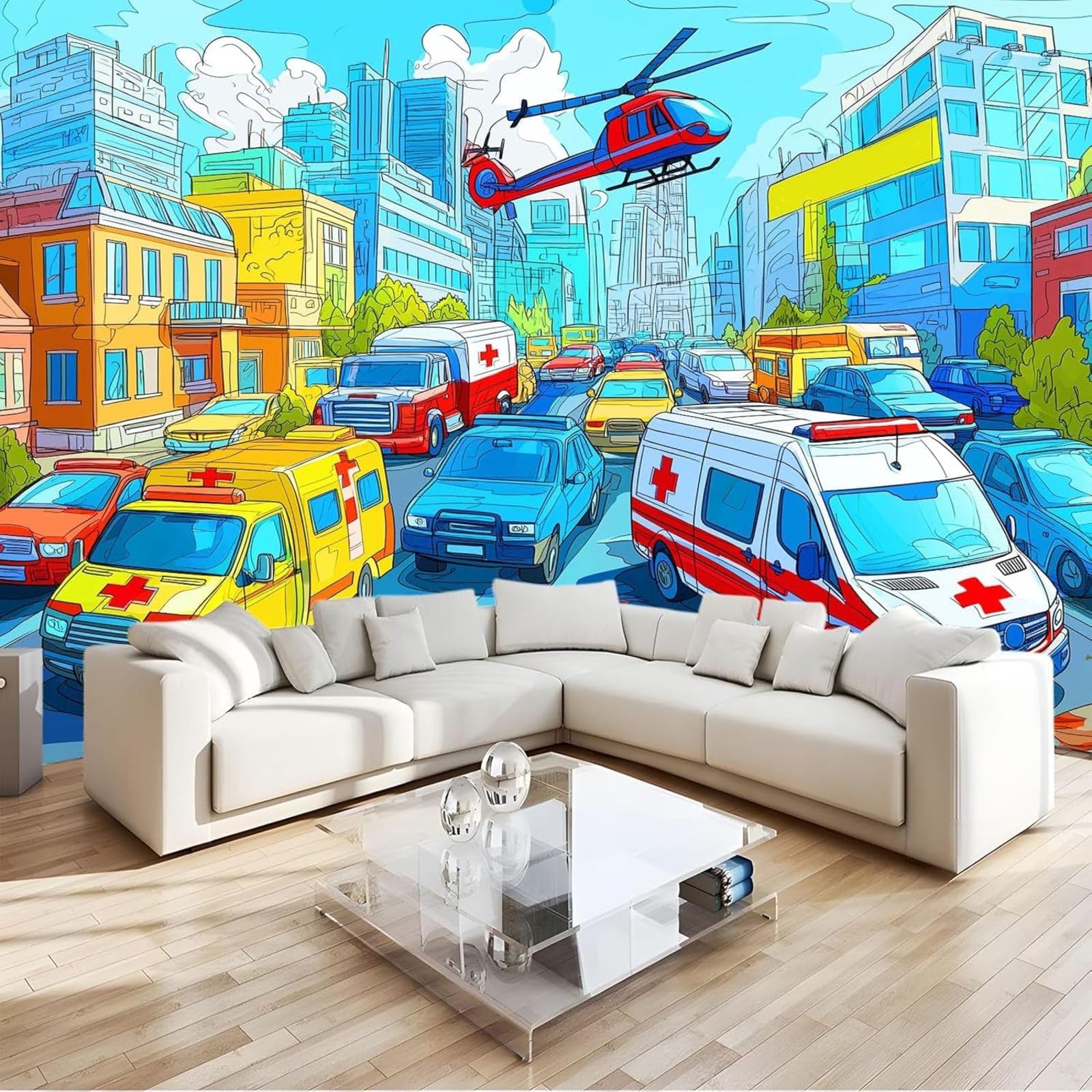 Cartoon City Architecture Car Wall Mural, Light Blue for Bedroom, Living Room, TV Background or Children's Room - Non-woven Wall Decoration, 350cm x 256cm Stickers - Frameless Painting - Poster