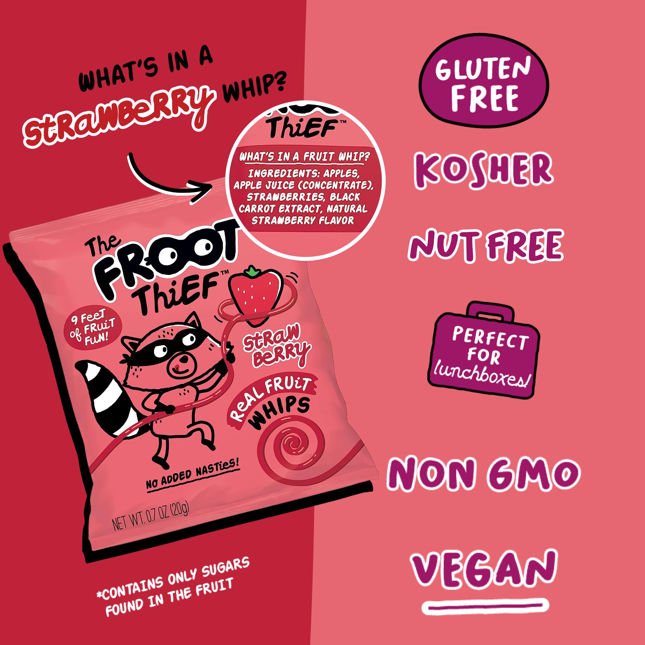 The FROOT Thief Real Fruit Snack Whips, Strawberry, Nut Free, Perfect for School Lunches and Snacks, Individual Bags Kids Snacks, 5 Pack thumbnail 2
