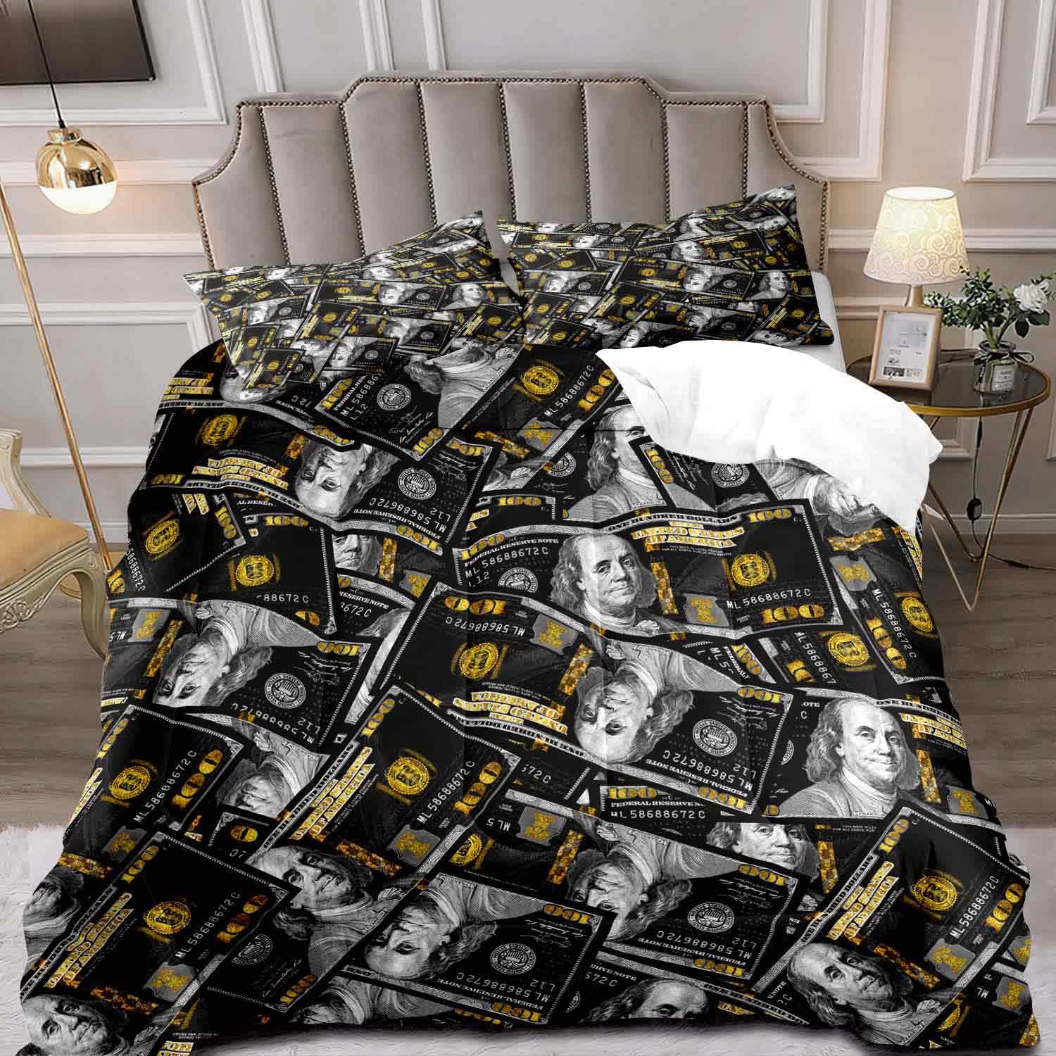 LUVIVIHOME 3PCS Luxury Money Comforter Set Queen Size, Black and Gold Comforter Quilt, Bill Cash One Hundred Dollar Bedding Sets for Boys Kids Teens,