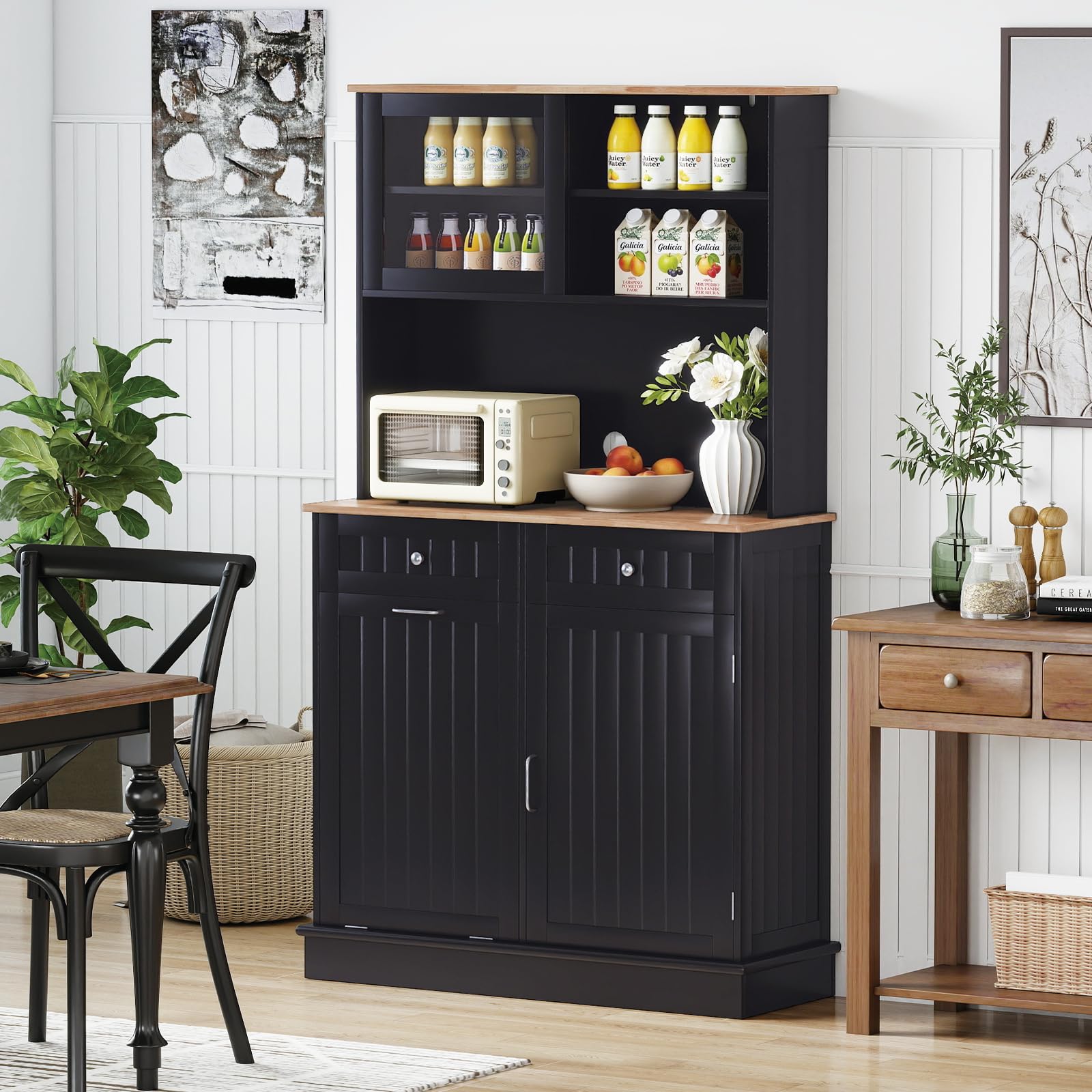 COSTWAY Küchenschrank, für 45 L Mülleimer, Buffetschrank mit Arbeitsplatte & 2 Schubladen & verstellbaren Einlegeböden, Hochschrank Küche für Mikrowelle, Kommode Holz, 100 x 34 x 172 cm (Schwarz)