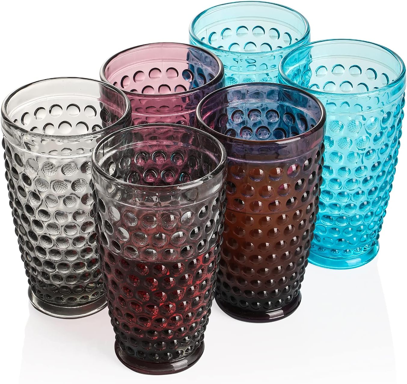 G Hobnail Old Fashioned Iced Beverage Glass 13oz Set of 6, Premiun Glass Set for Refreshments Soda Juice Perfect for Dinner Parties, Bars & Restaurants (Multicolor, Highball)