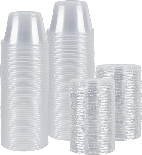 Green Direct Vasos de gelatina desechables de plástico de 4 onzas con tapas, 100 juegos Contenedores de porciones pequeñas, tazas de salsa para