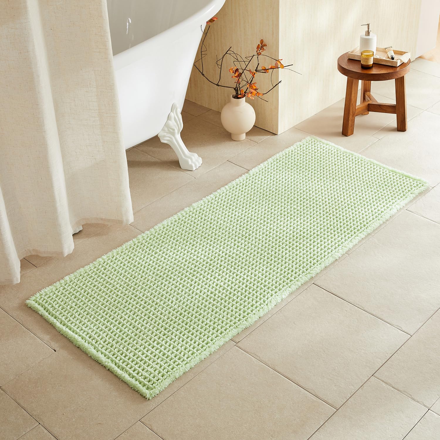 TYUU Waffle Runner Rug Bathroom, Long Boho Bath Mat, 60x24 Pale Green