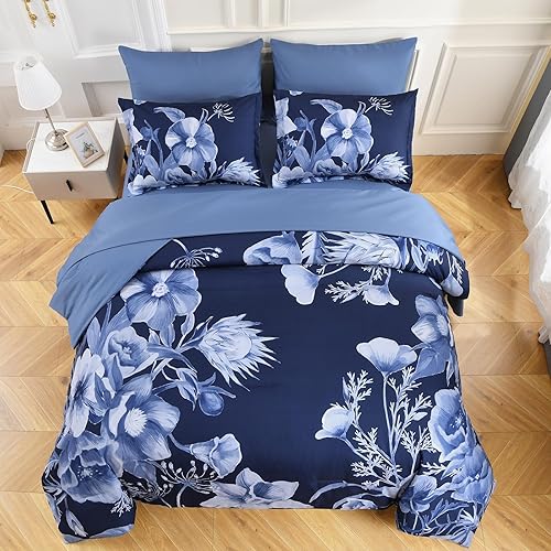 Miniatura 3 de Luxudecor Juego de edredón floral tamaño King de 7 piezas, cama de flores azul marino en una bolsa, elegante edredón floral con juego de sábanas,