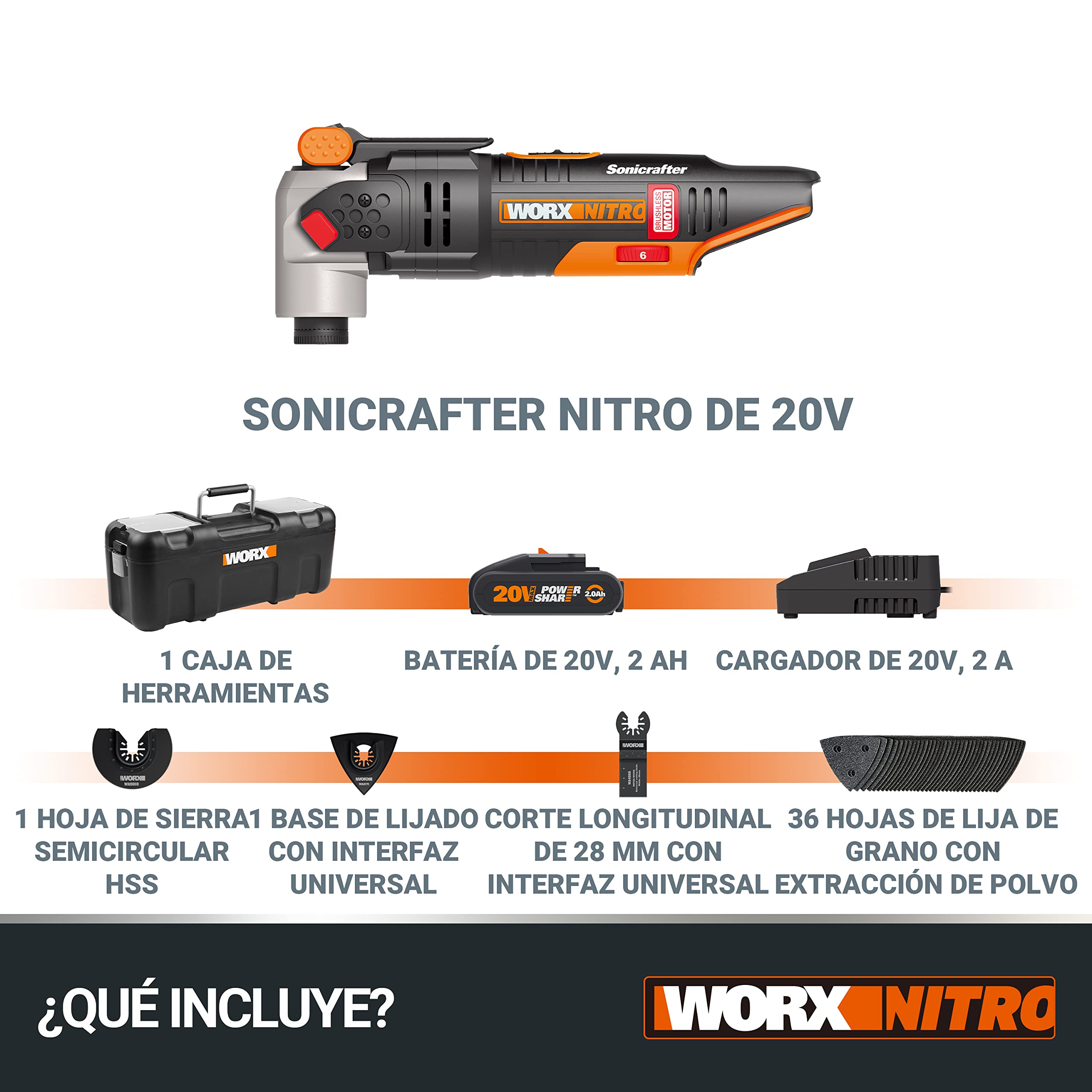 WORX Multiherramienta Brushless Sonicrafter 20V | PowerShare | WX693-1 batería 2Ah | Motor sin escobillas, velocidad variable, sistema Hyperlock