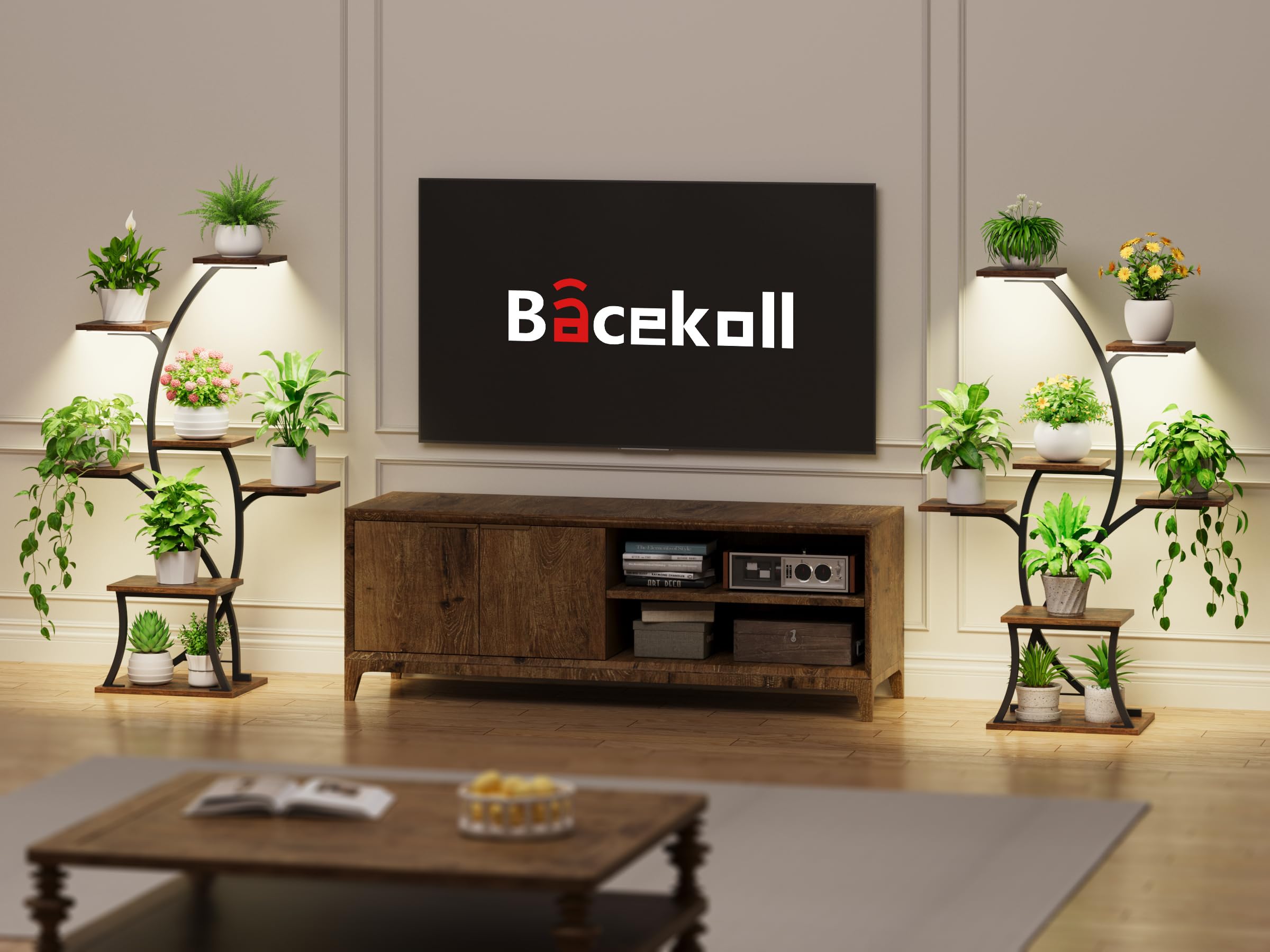 BACEKOLL Soporte para plantas de interior con luces de crecimiento, 7 niveles, soportes esquineros de 44 pulgadas, estantes de metal para plantas, estante curvado para plantas para sala de estar
